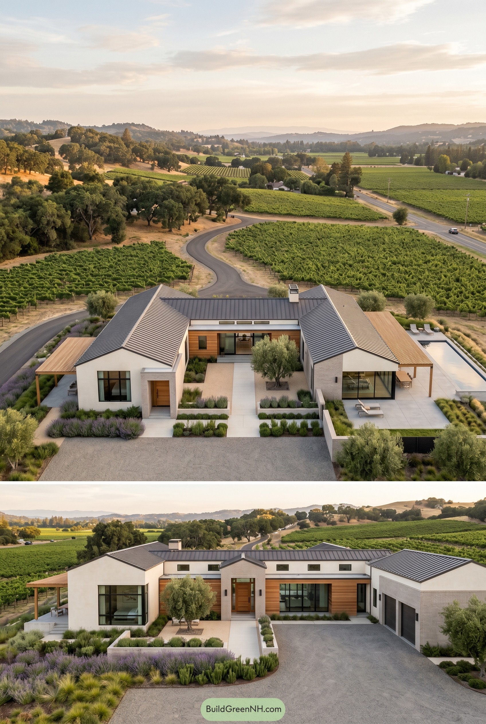 Modern ranch house with twin gables in vineyards