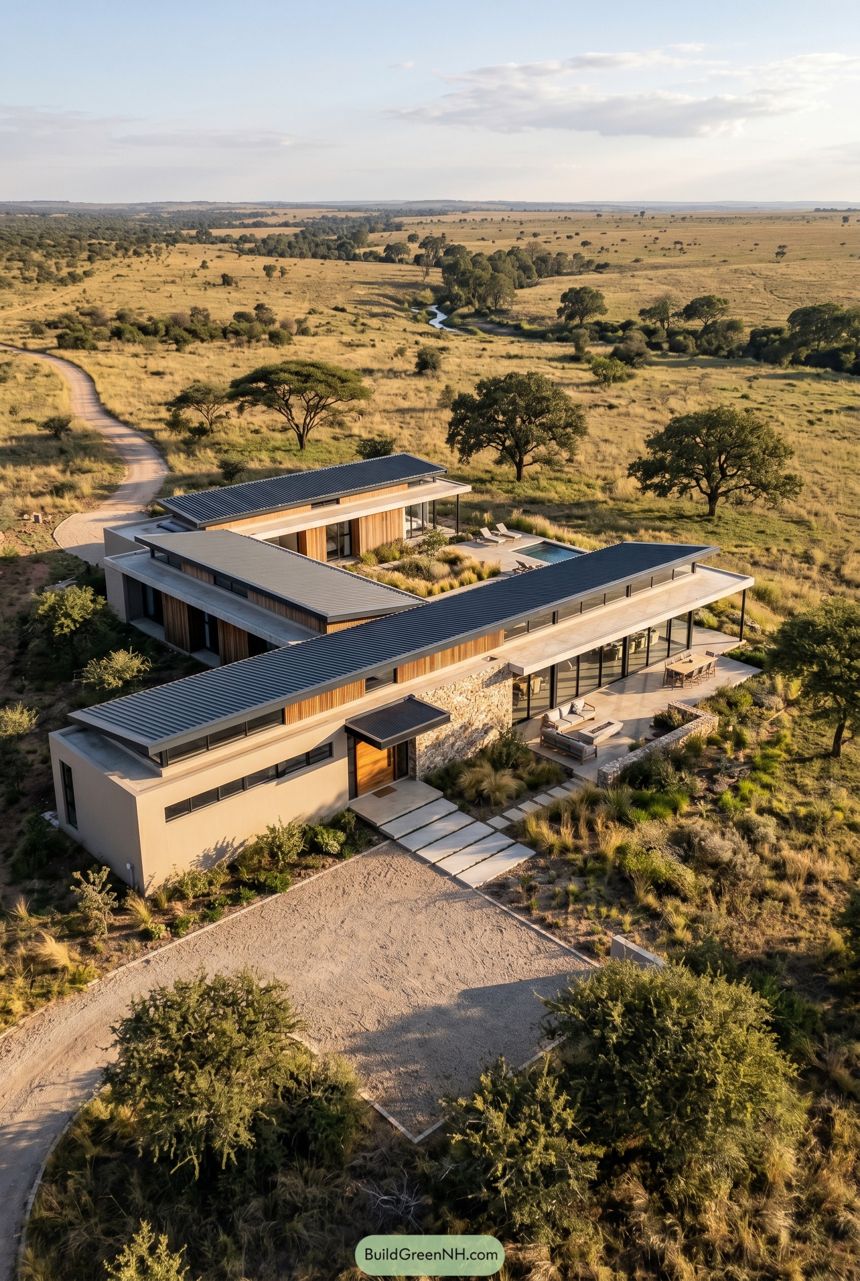 Modern ranch with courtyard pool in open savanna