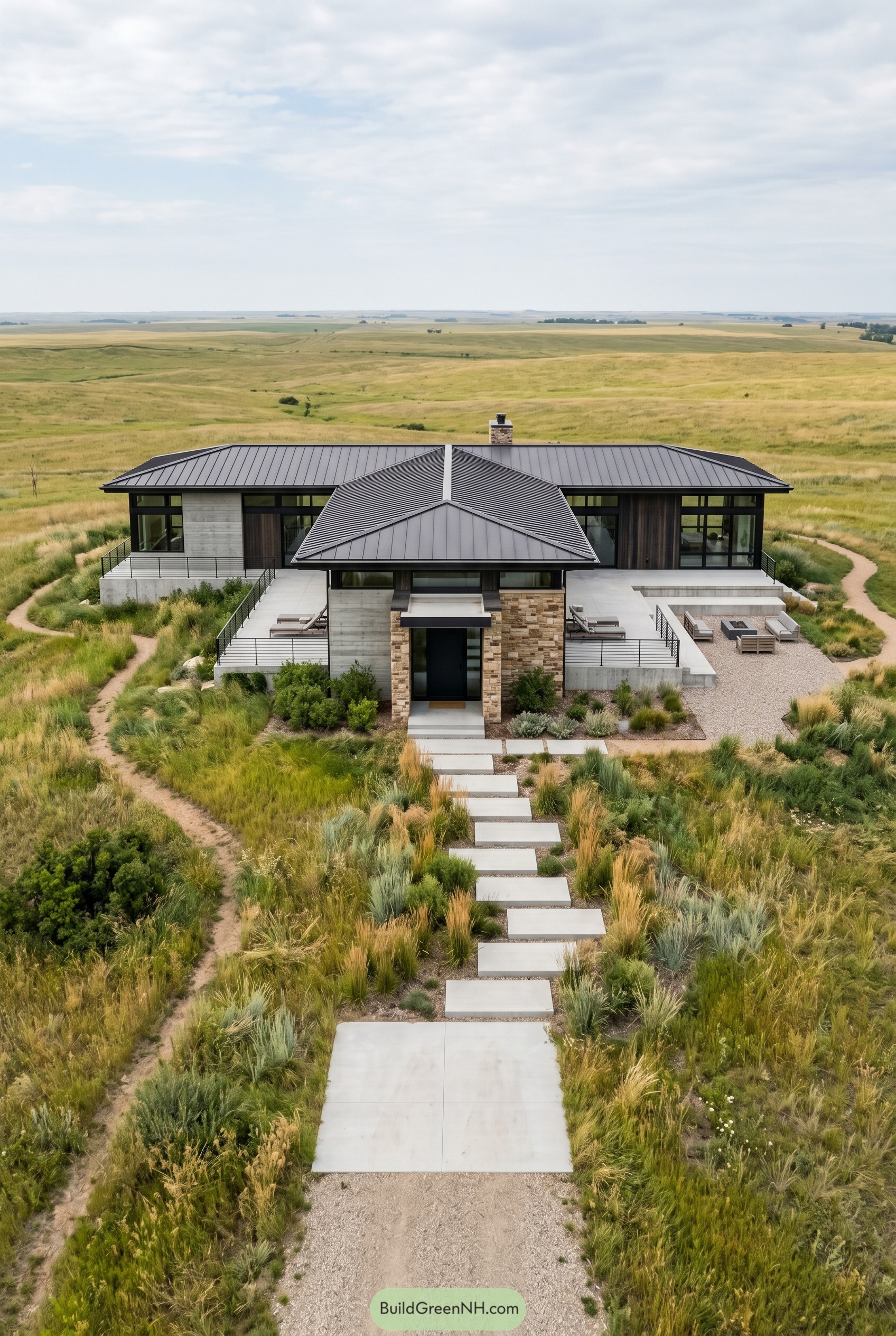 Contemporary ranch house with pinwheel roof on prairie