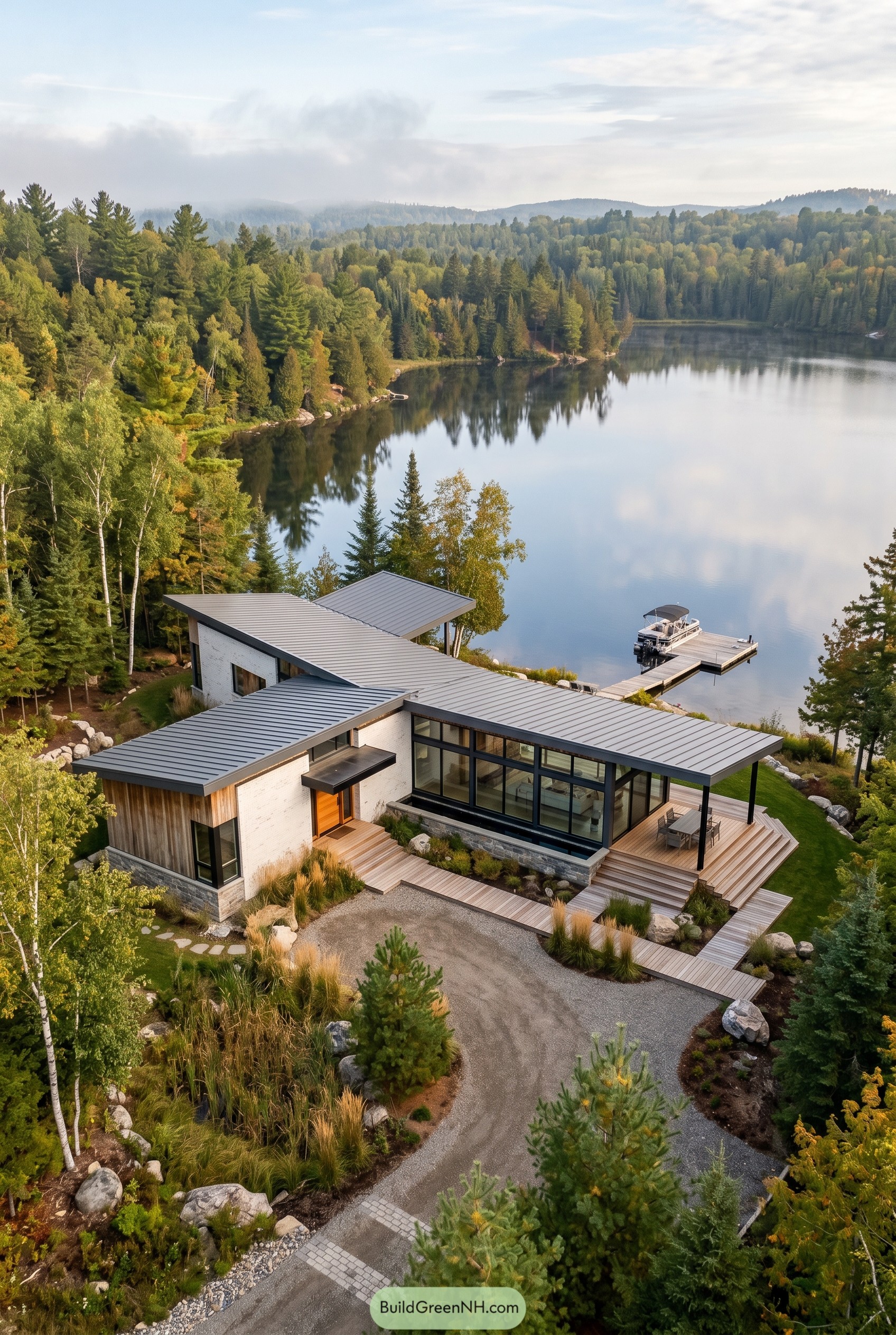 Modern lakeside ranch house with dock