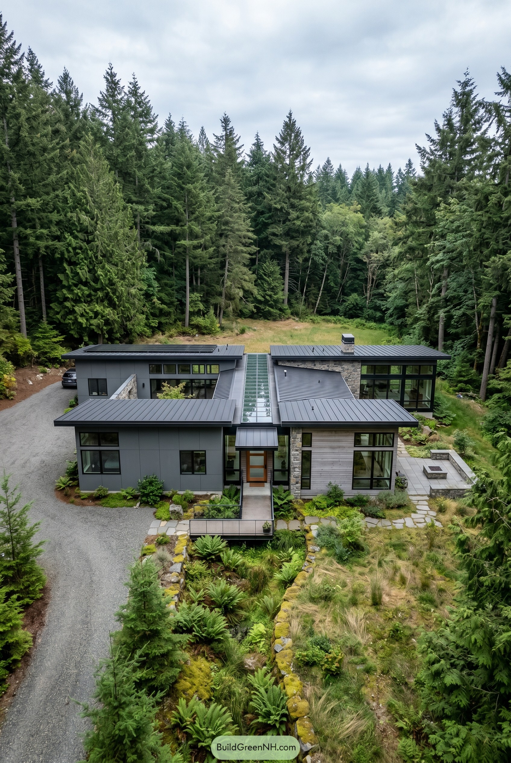 Modern forest ranch with flat roofs