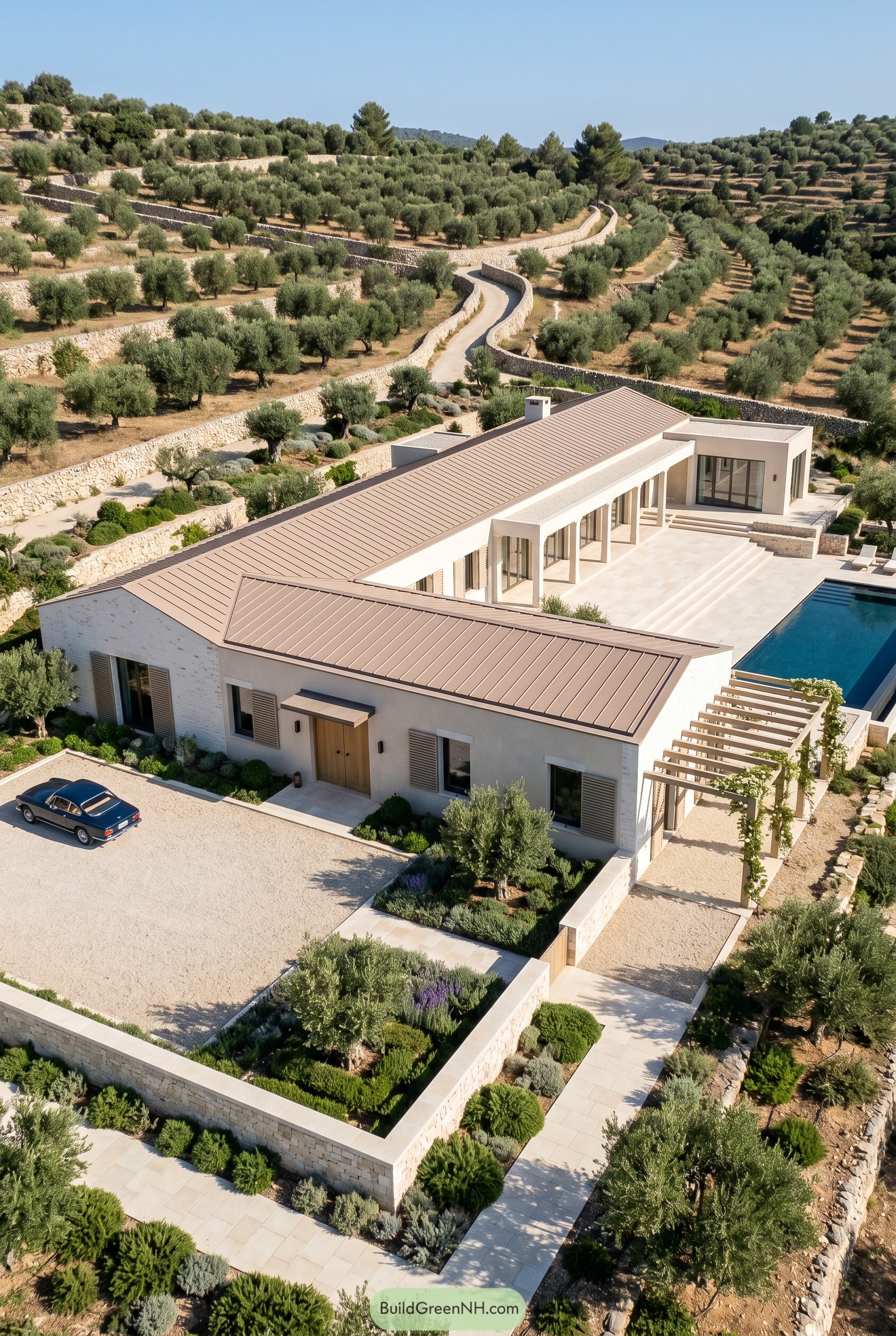 Long modern ranch house with pool in olive grove
