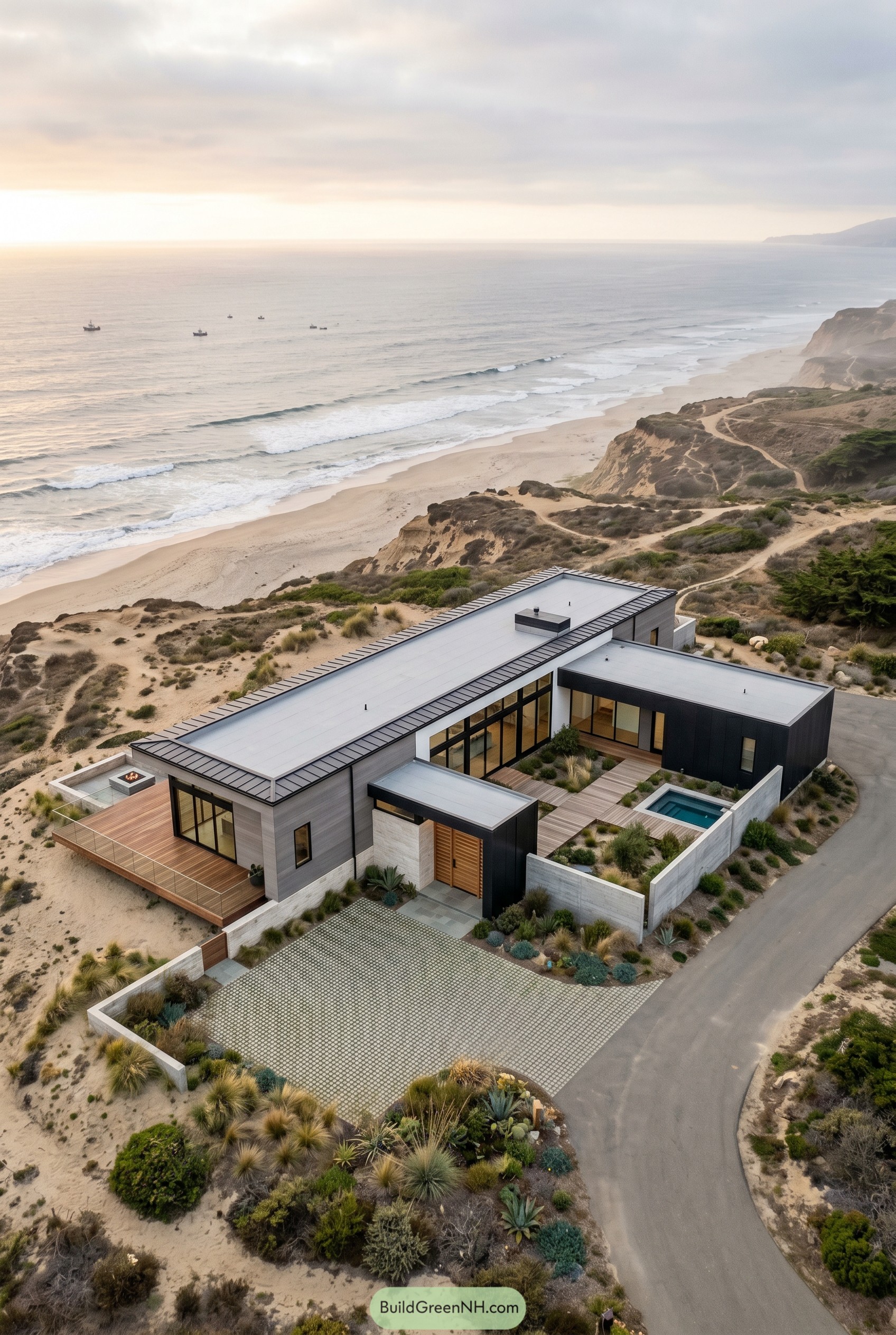 Modern coastal ranch on bluff with courtyard pool
