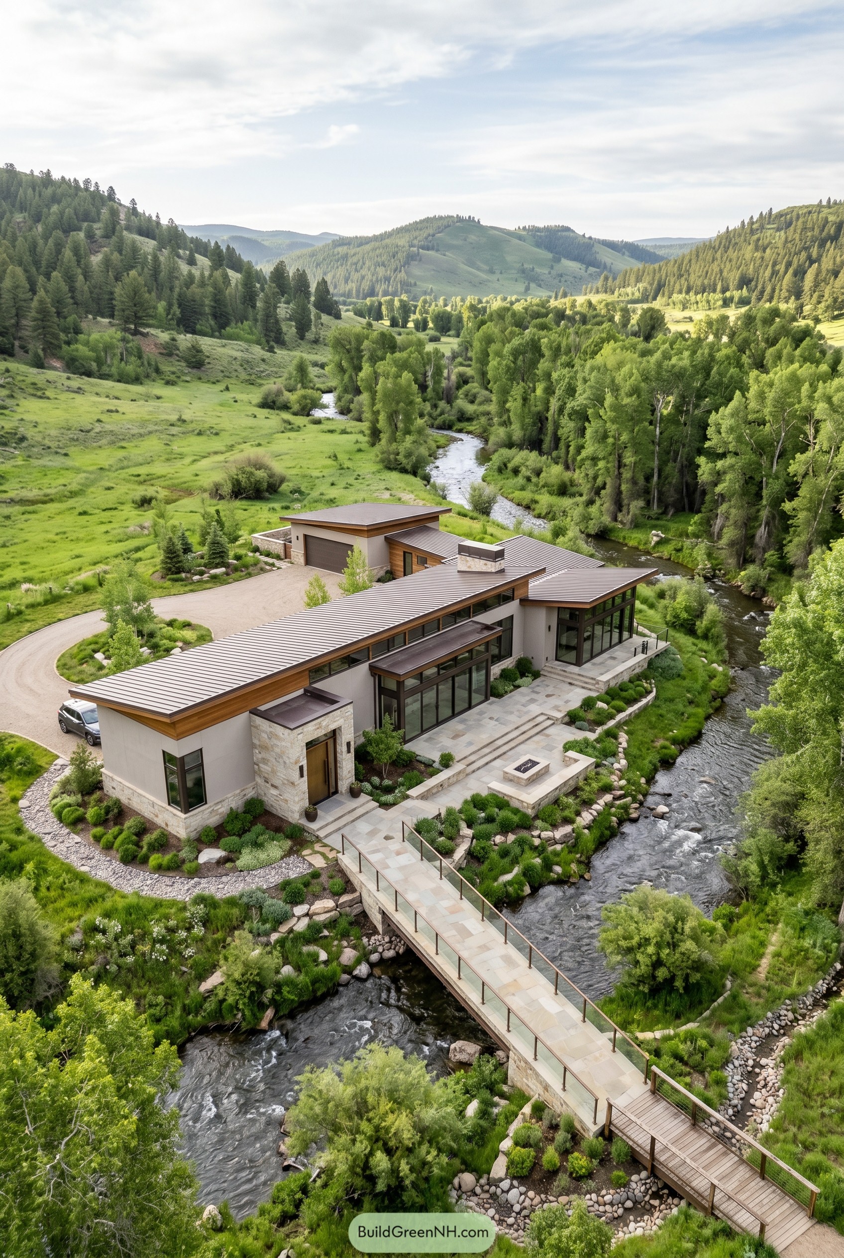 Modern ranch house beside a creek with bridge