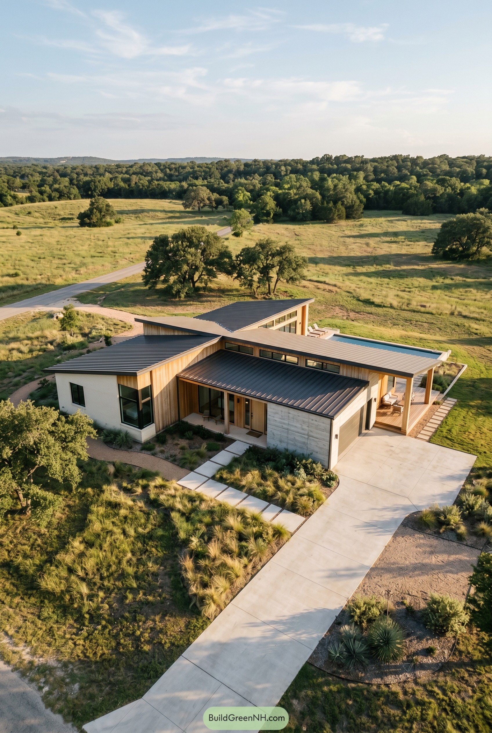 Modern ranch house with angular roofs in a meadow