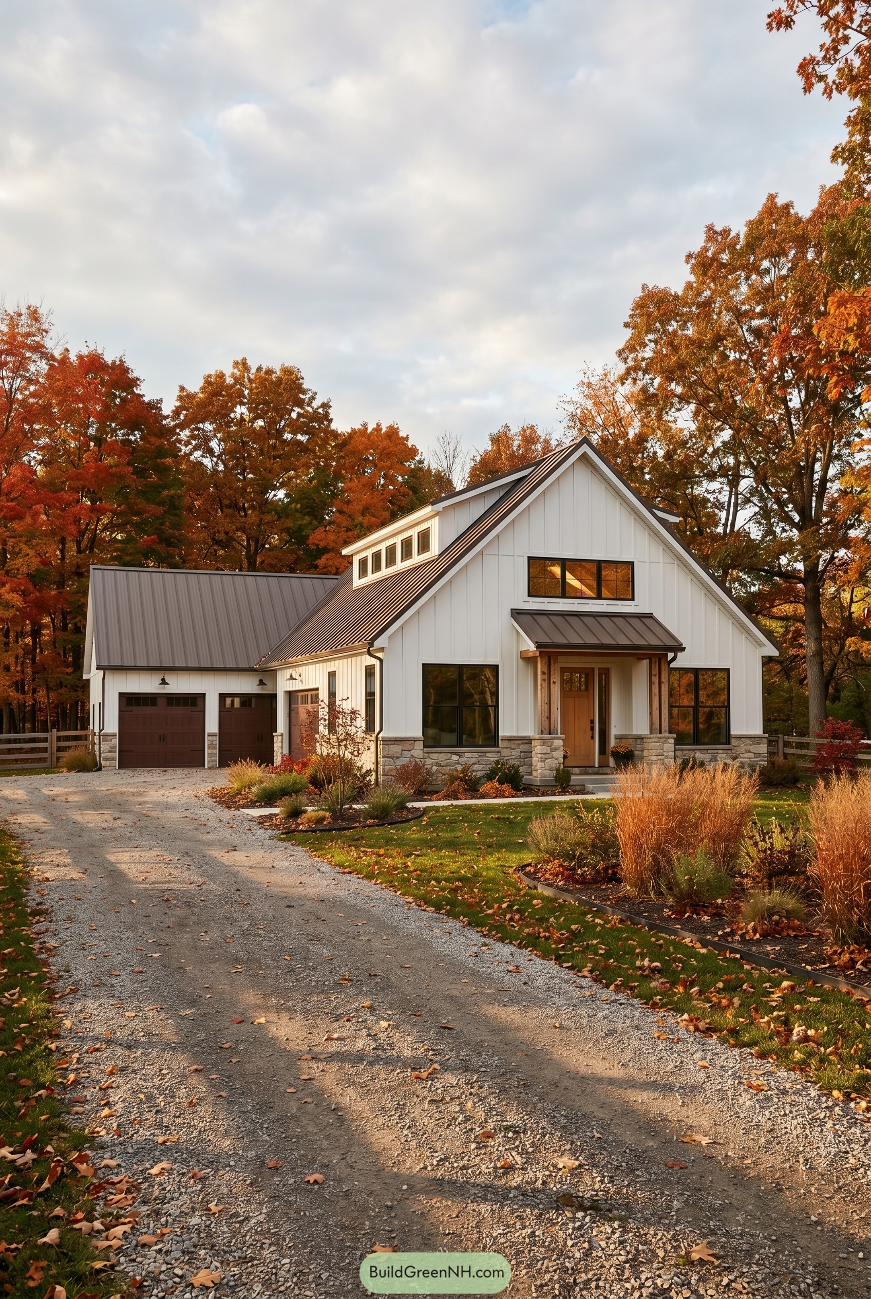 White barndominium with metal roof and attached garage
