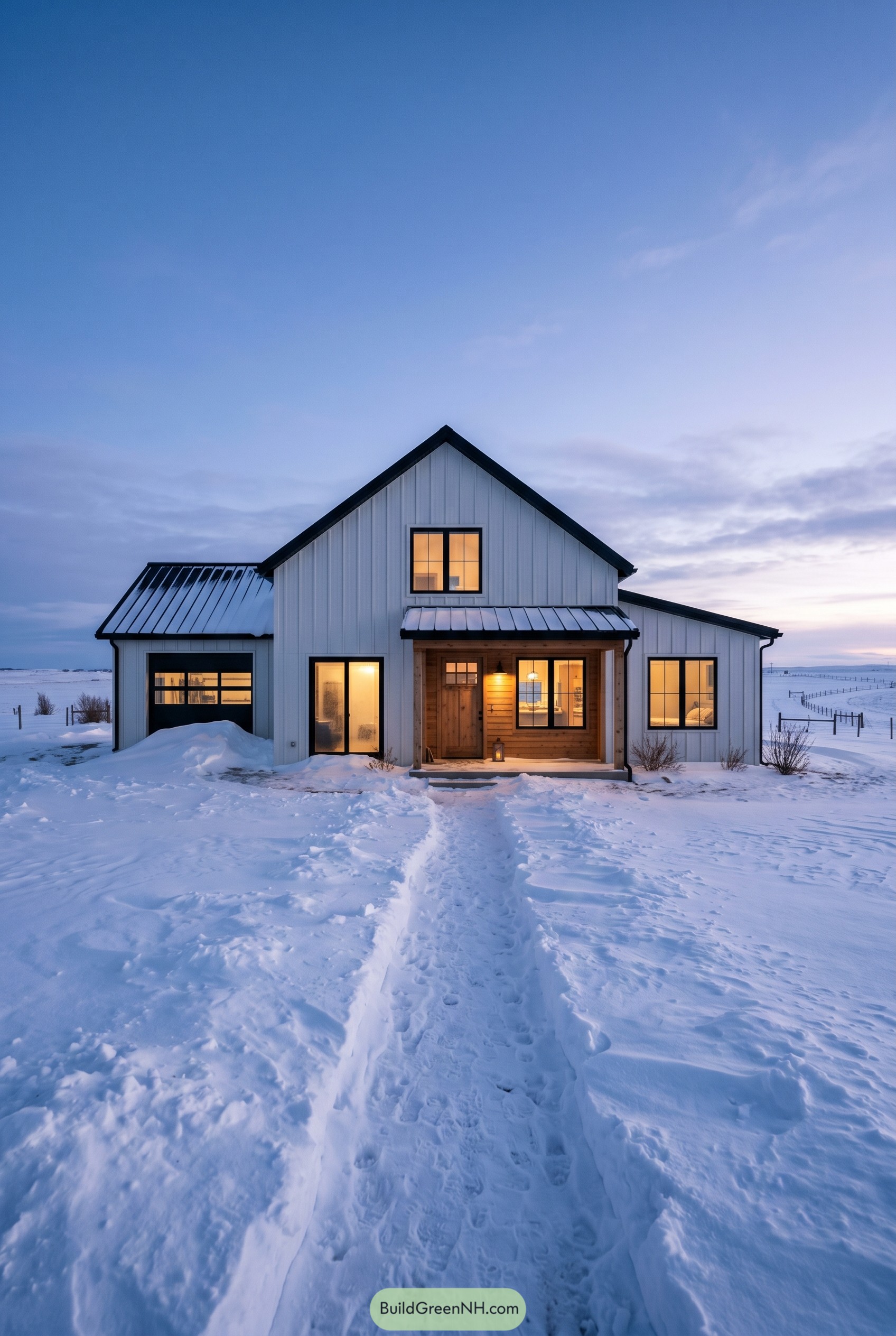 White barndominium with black roof in snow