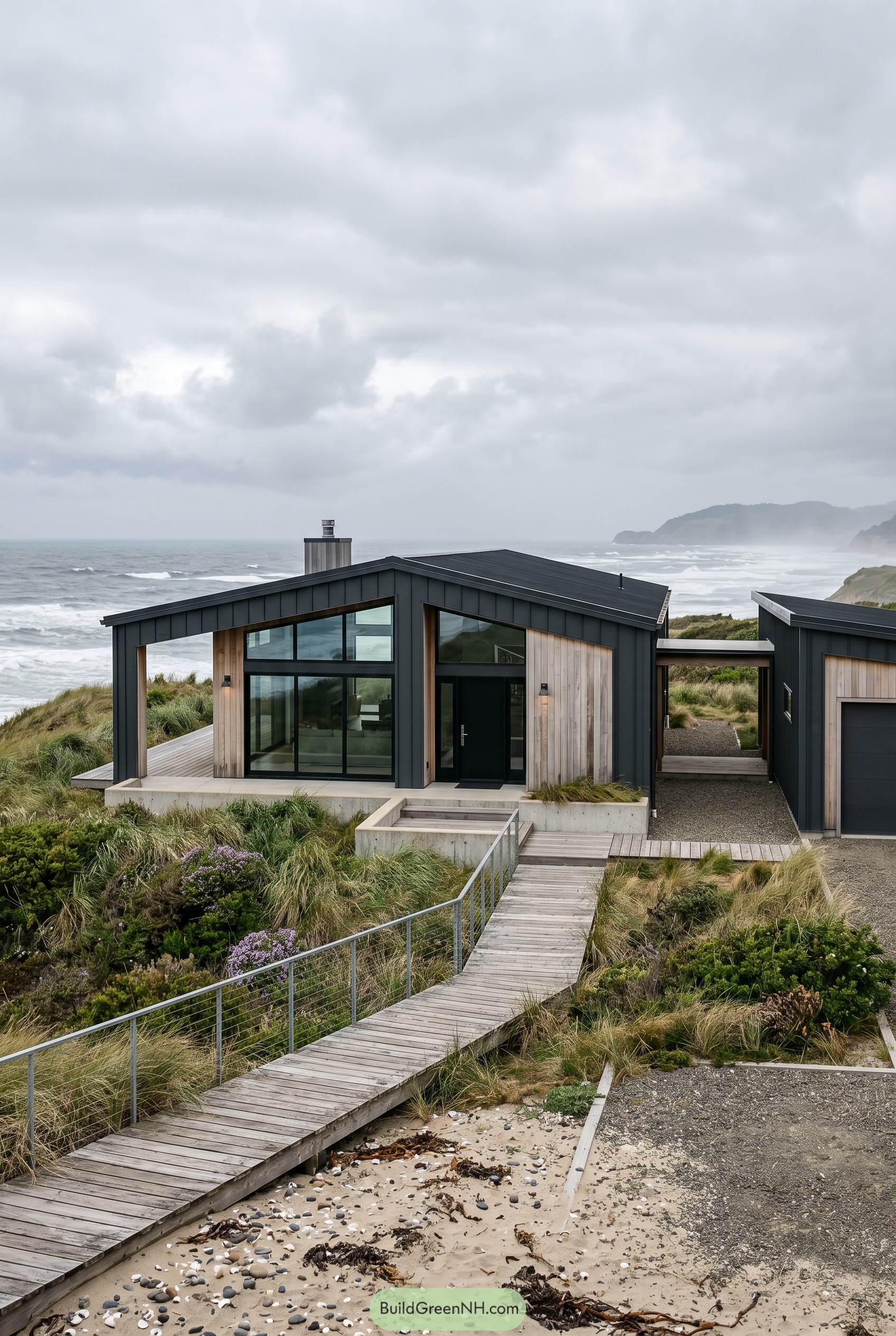 Modern coastal barndominium with dark gables and boardwalk