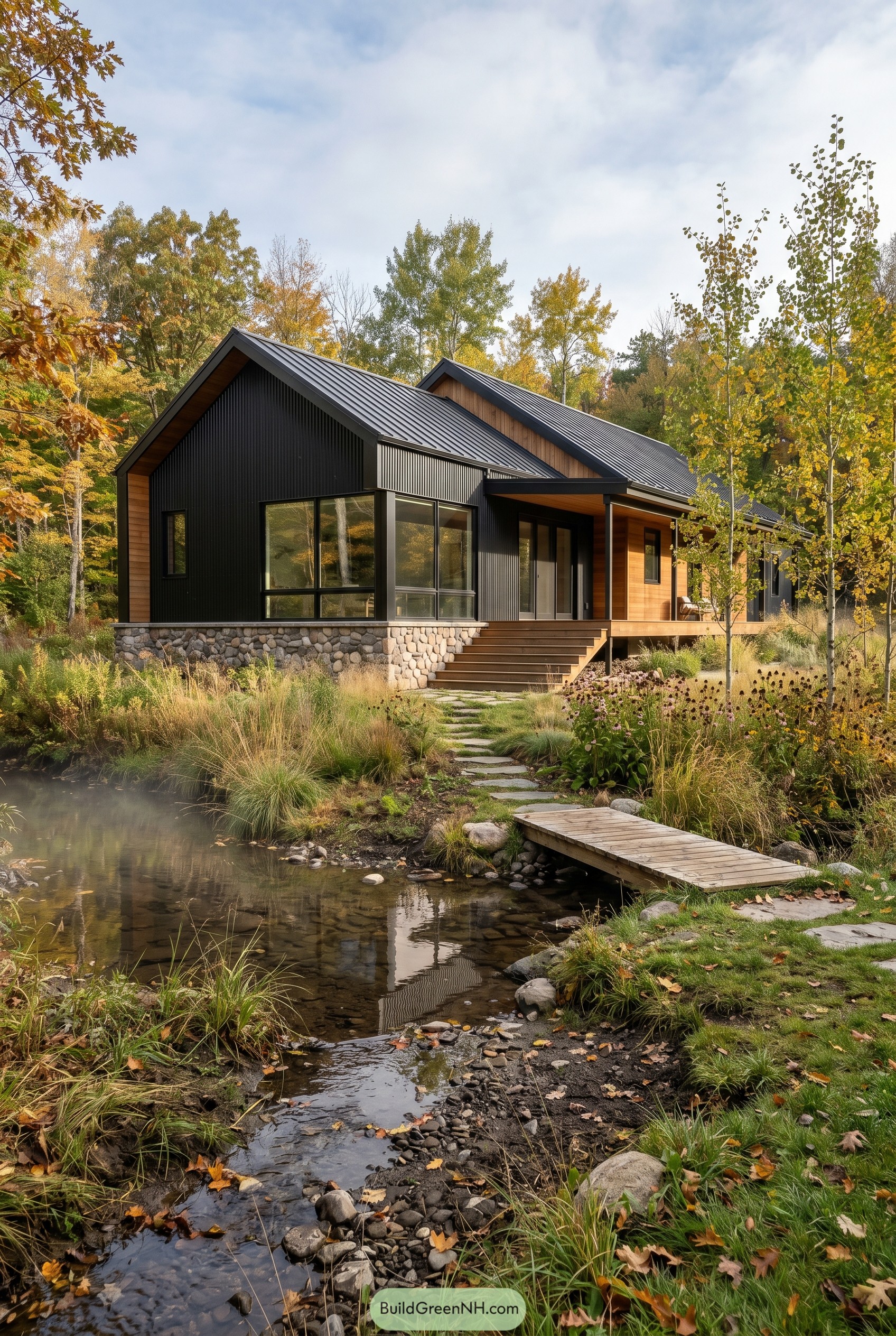 Modern black barndominium beside a creek
