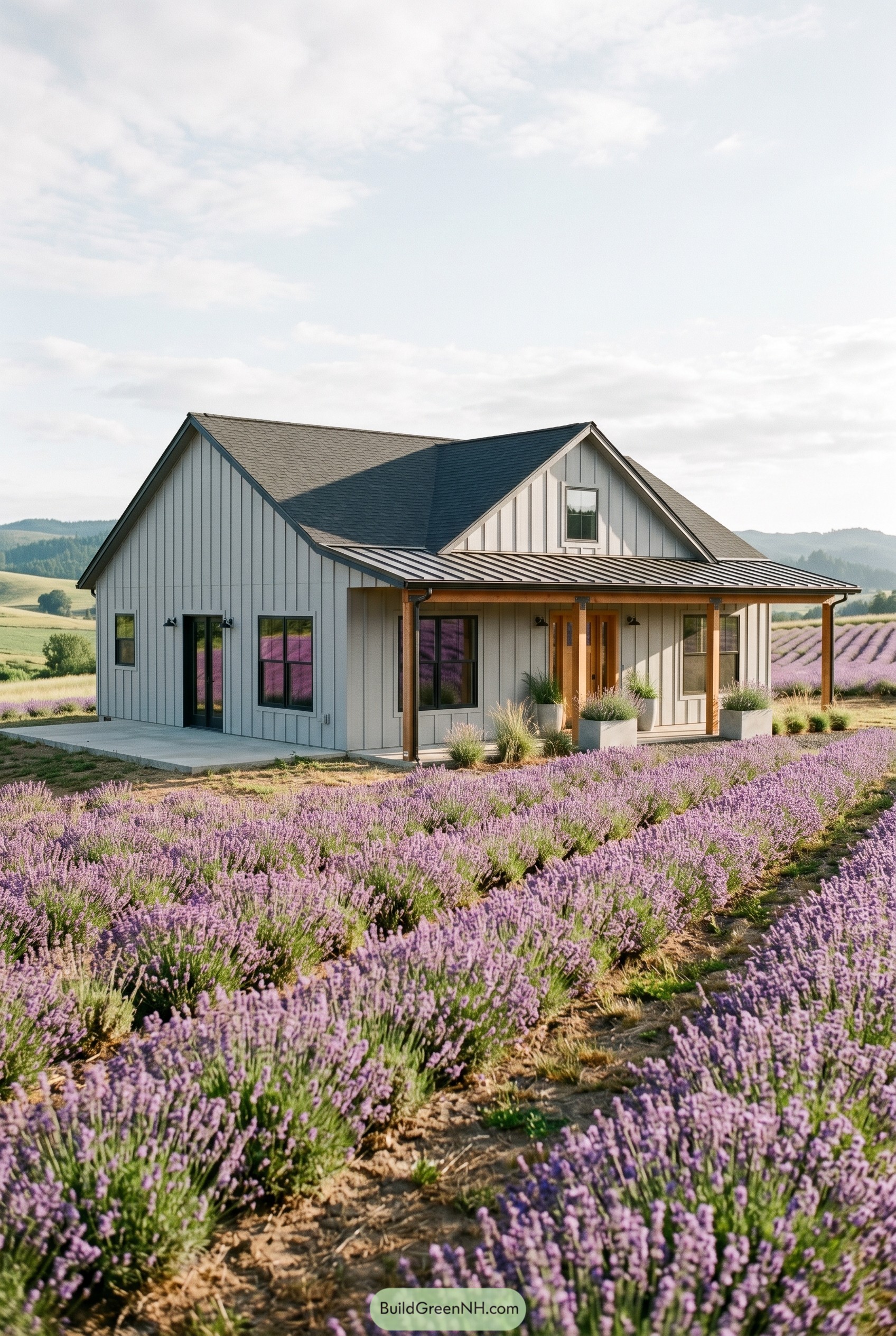 White single story barndominium beside lavender rows