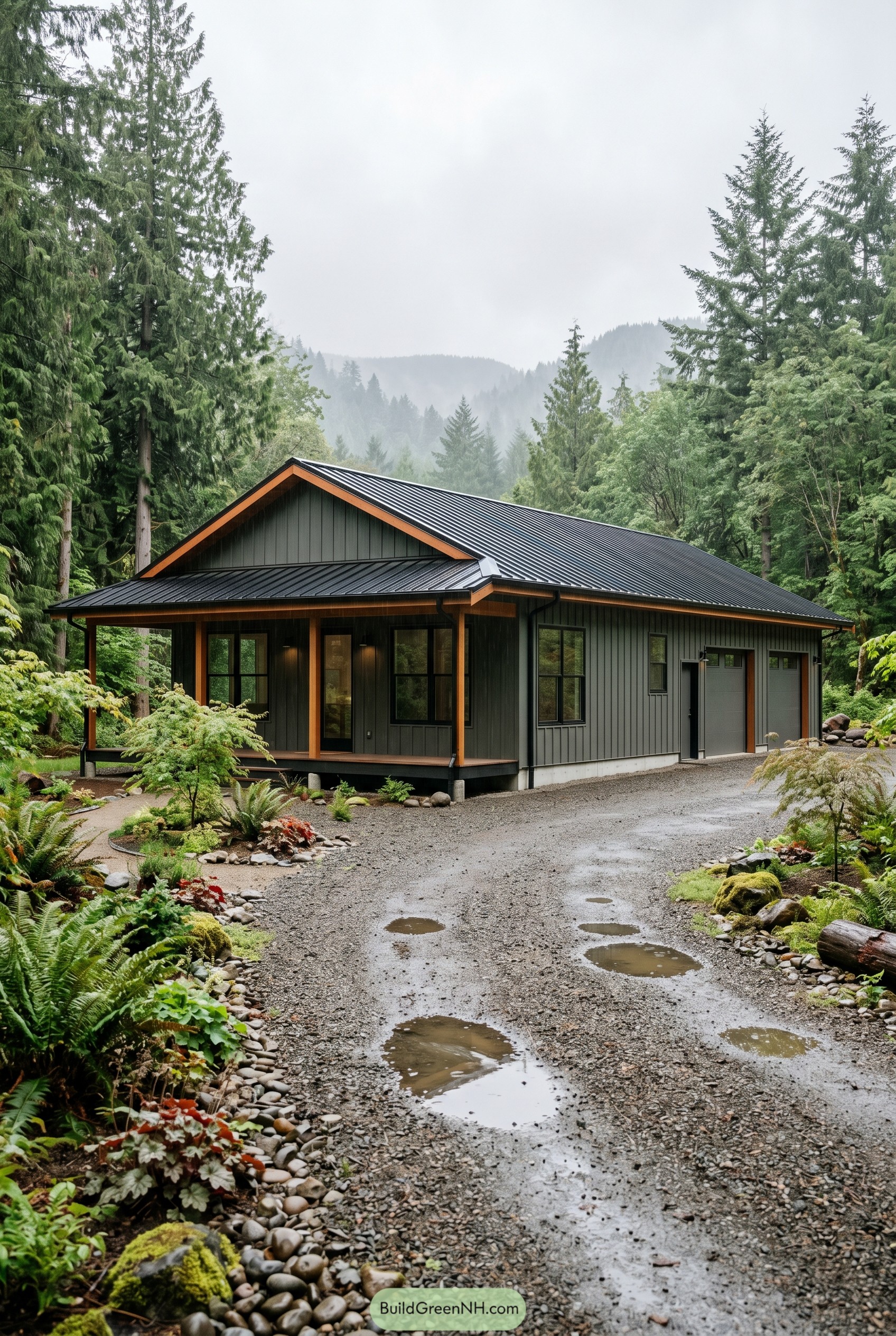Dark gray forest barndominium with covered porch and garage