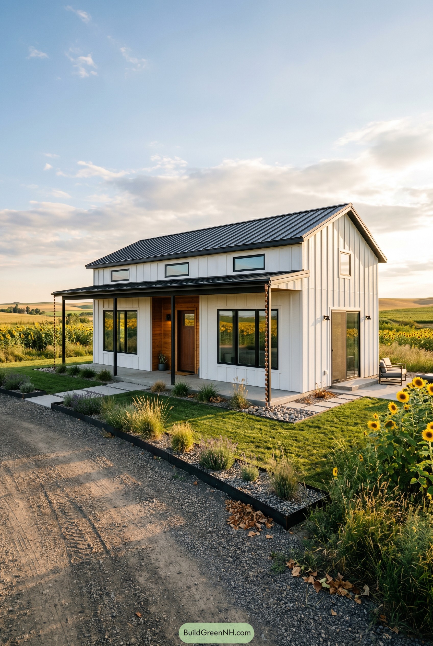 White barndominium with black roof and porch
