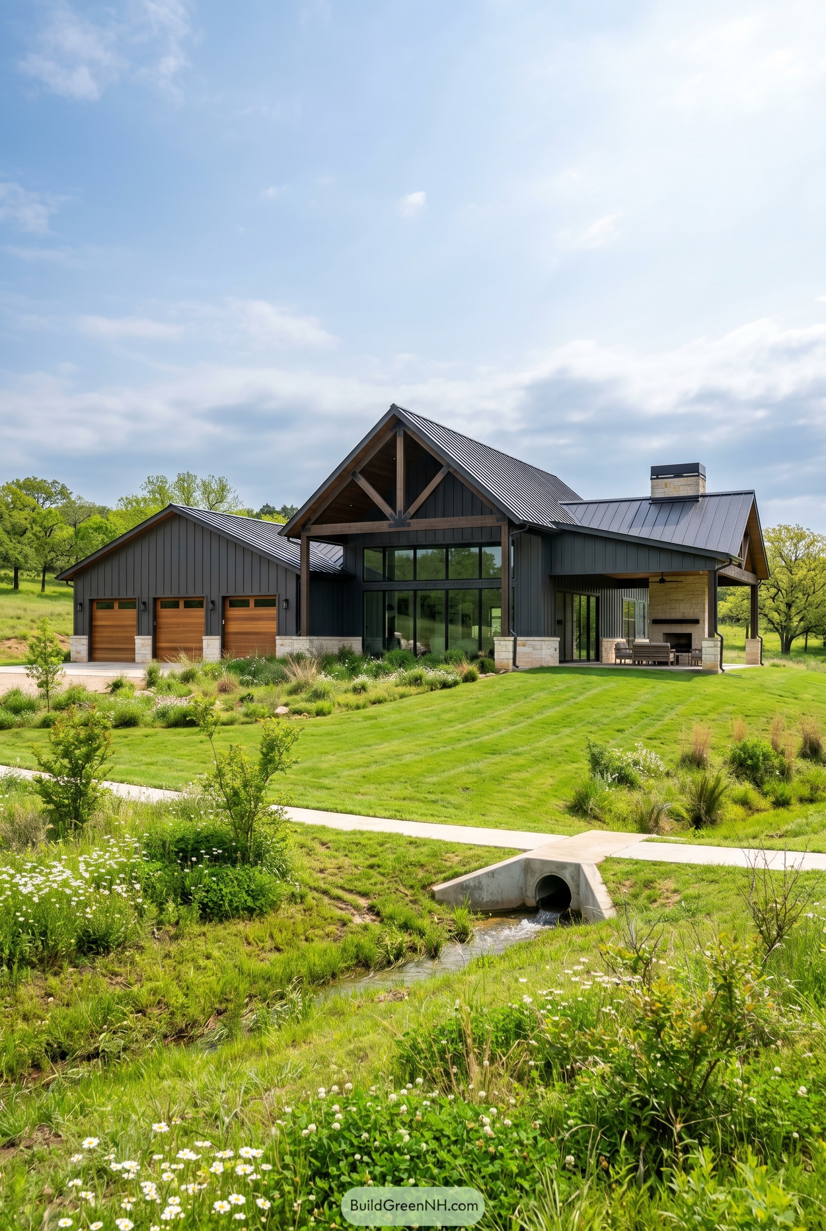 Dark barndominium with timber gable and three wood garage doors