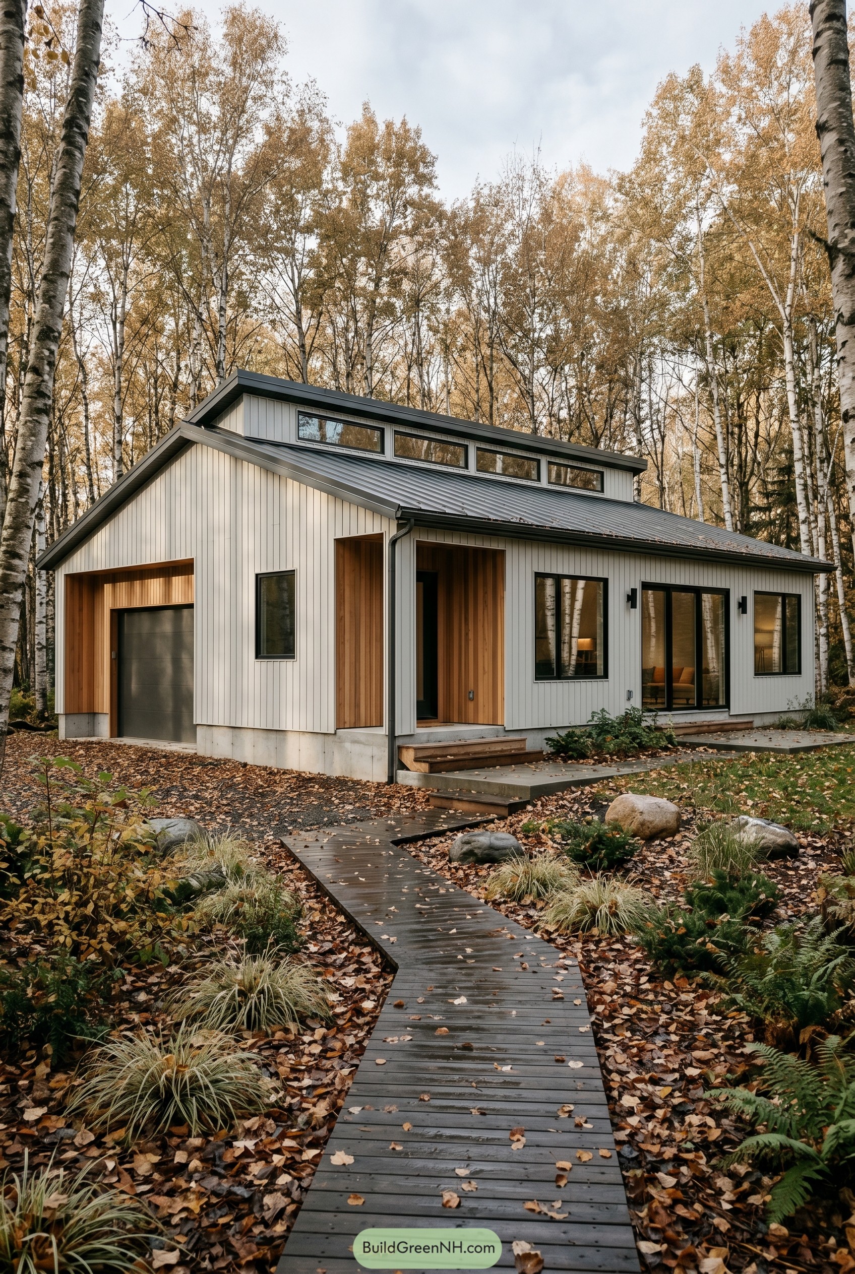 Modern white barndominium in a birch forest