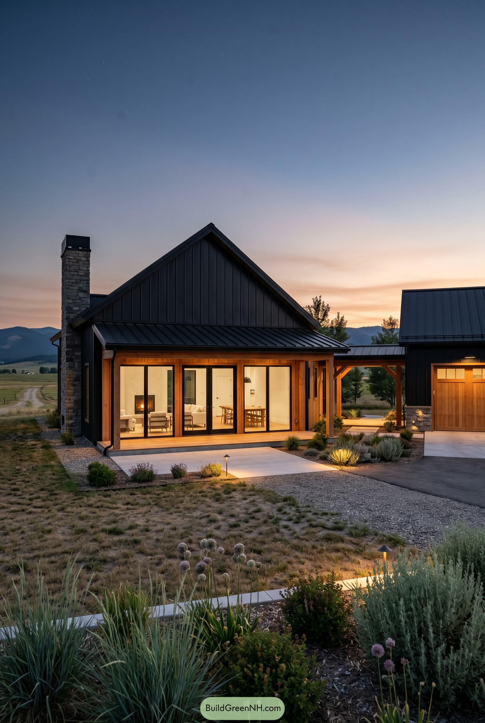 Dark metal barndominium with wood porch and stone chimney