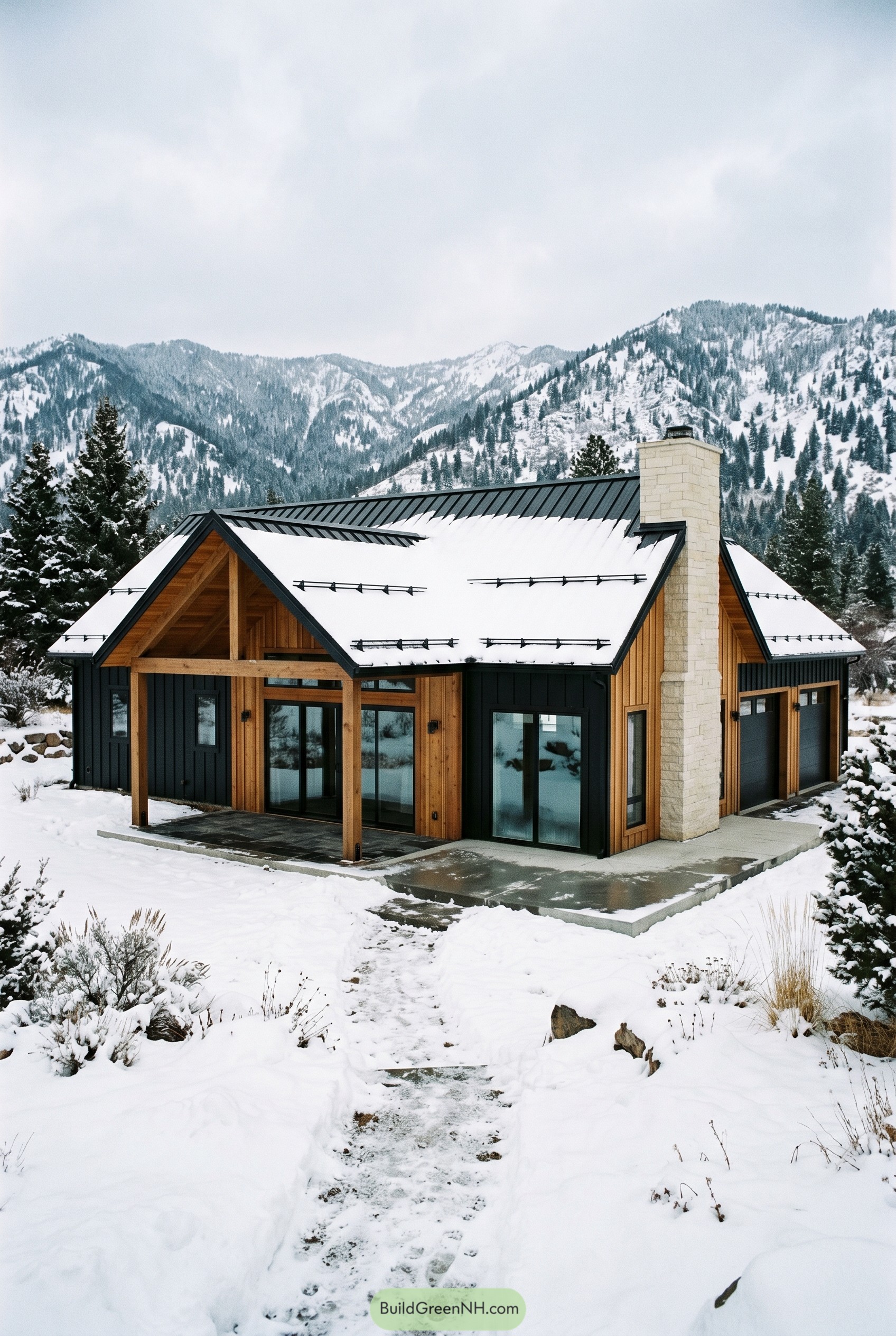 Single story black and wood barndominium in snow