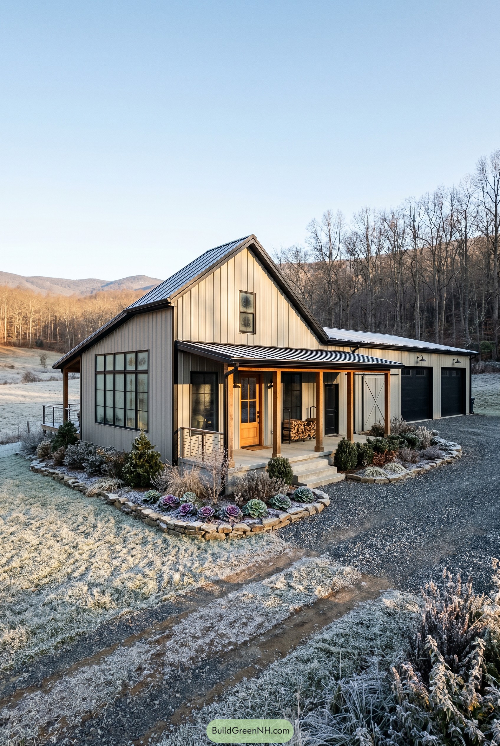 Gray mountain barndominium with timber porch and garage