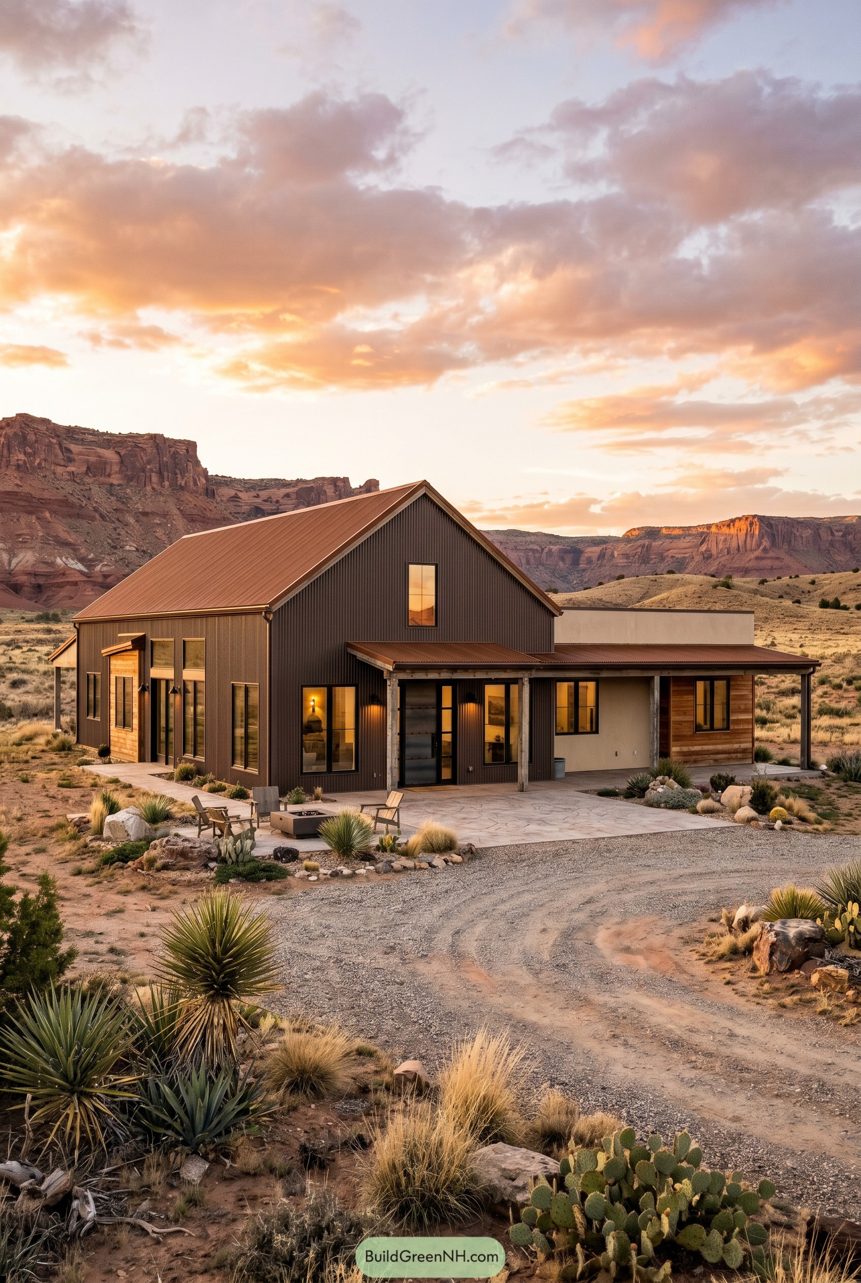 Modern desert barndominium with copper roof and porch