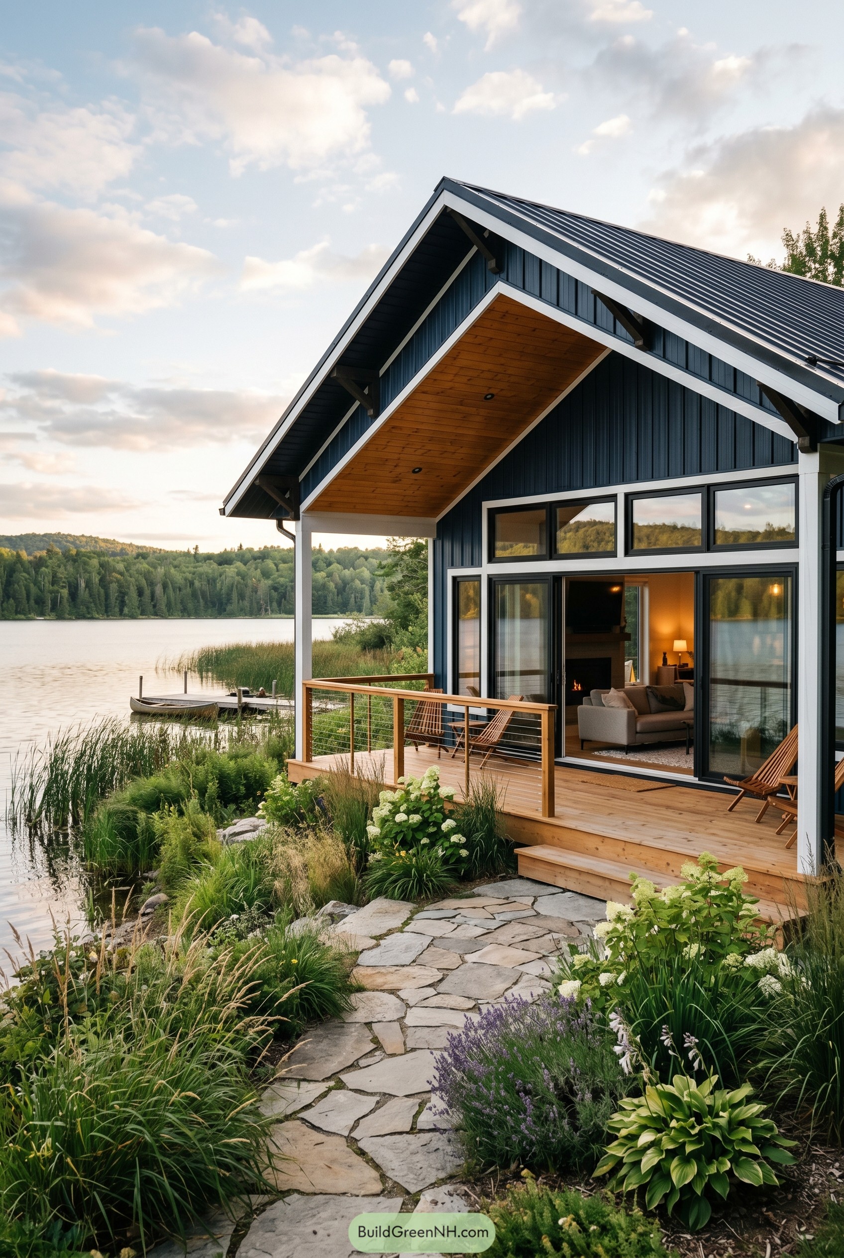 Modern lakeside barndominium with deck and dock