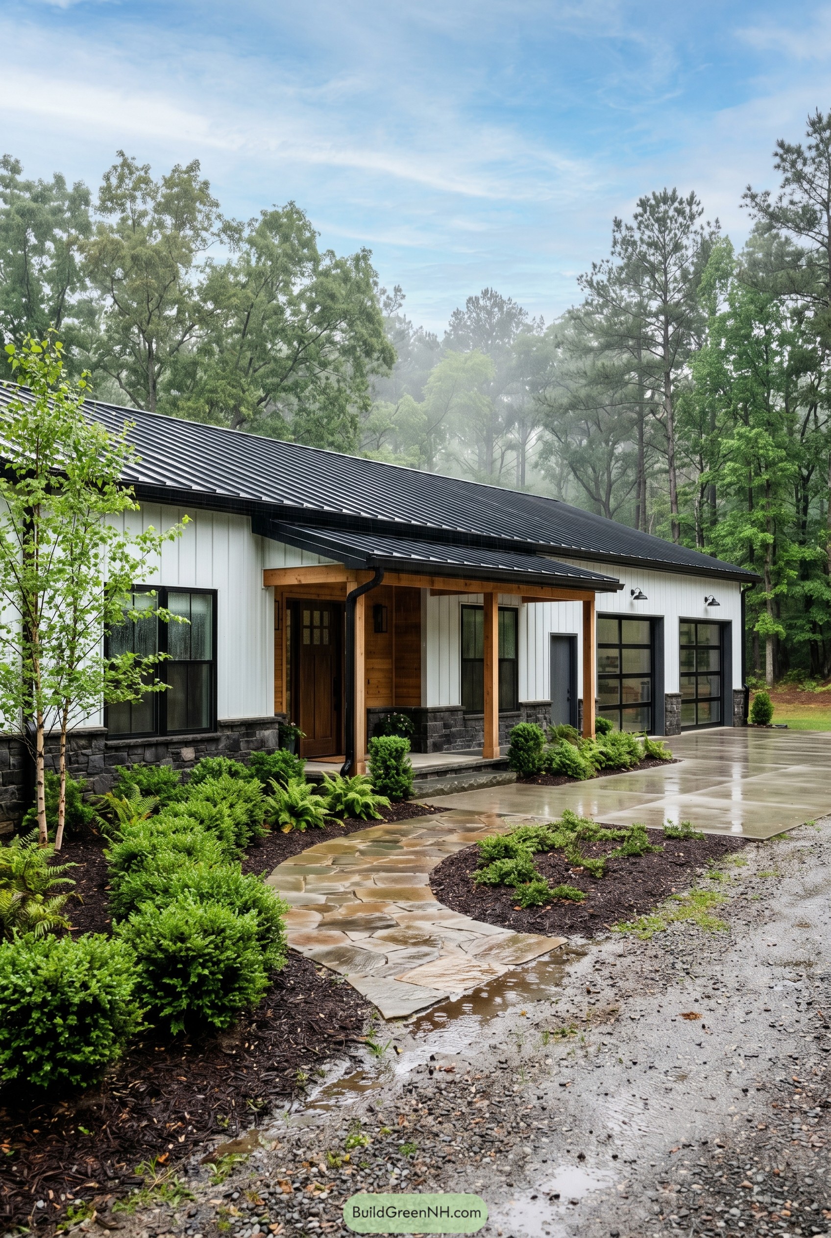 White barndominium with black roof and timber porch