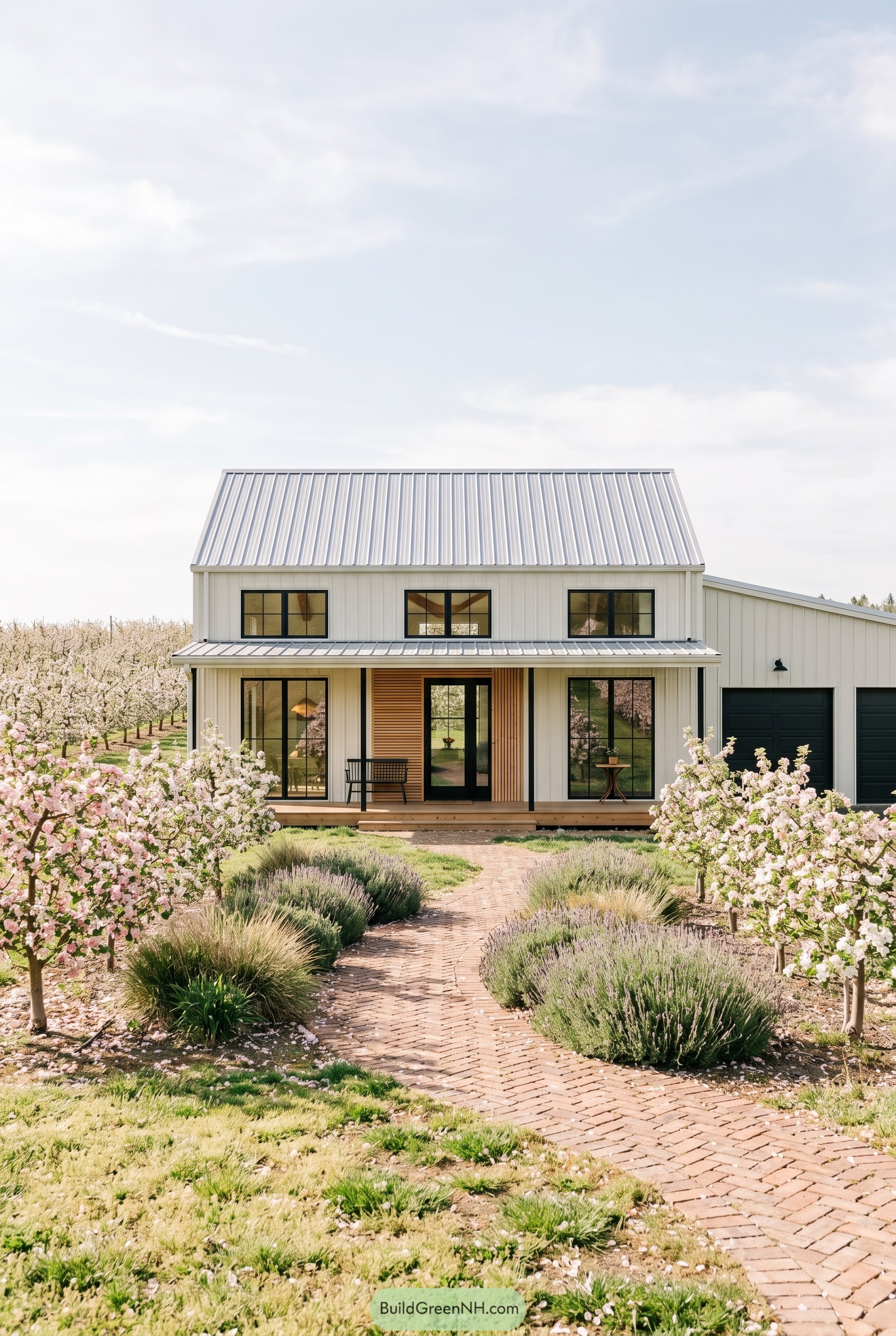 White barndominium with orchard and brick path