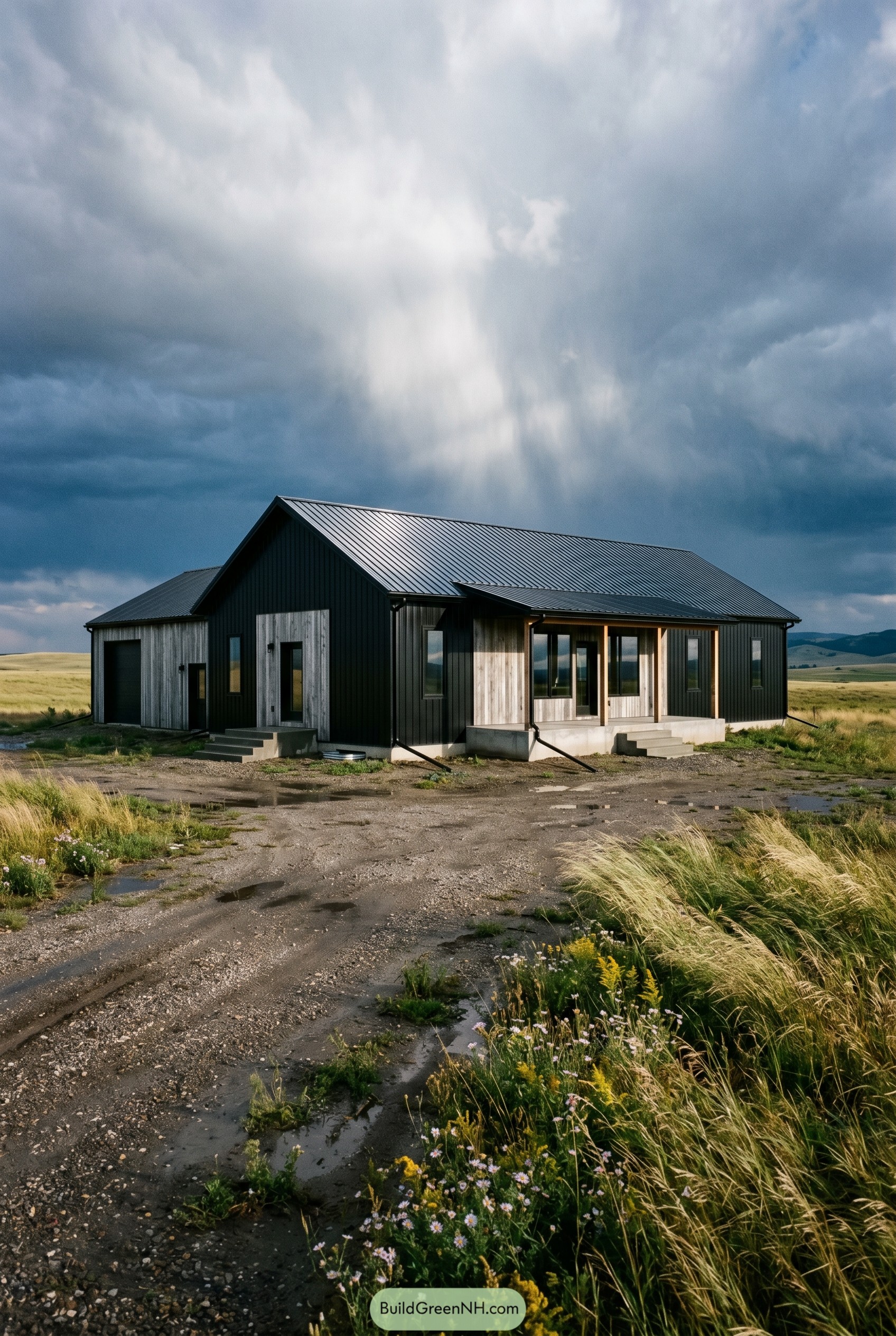 Single story black barndominium with wood accents and porch