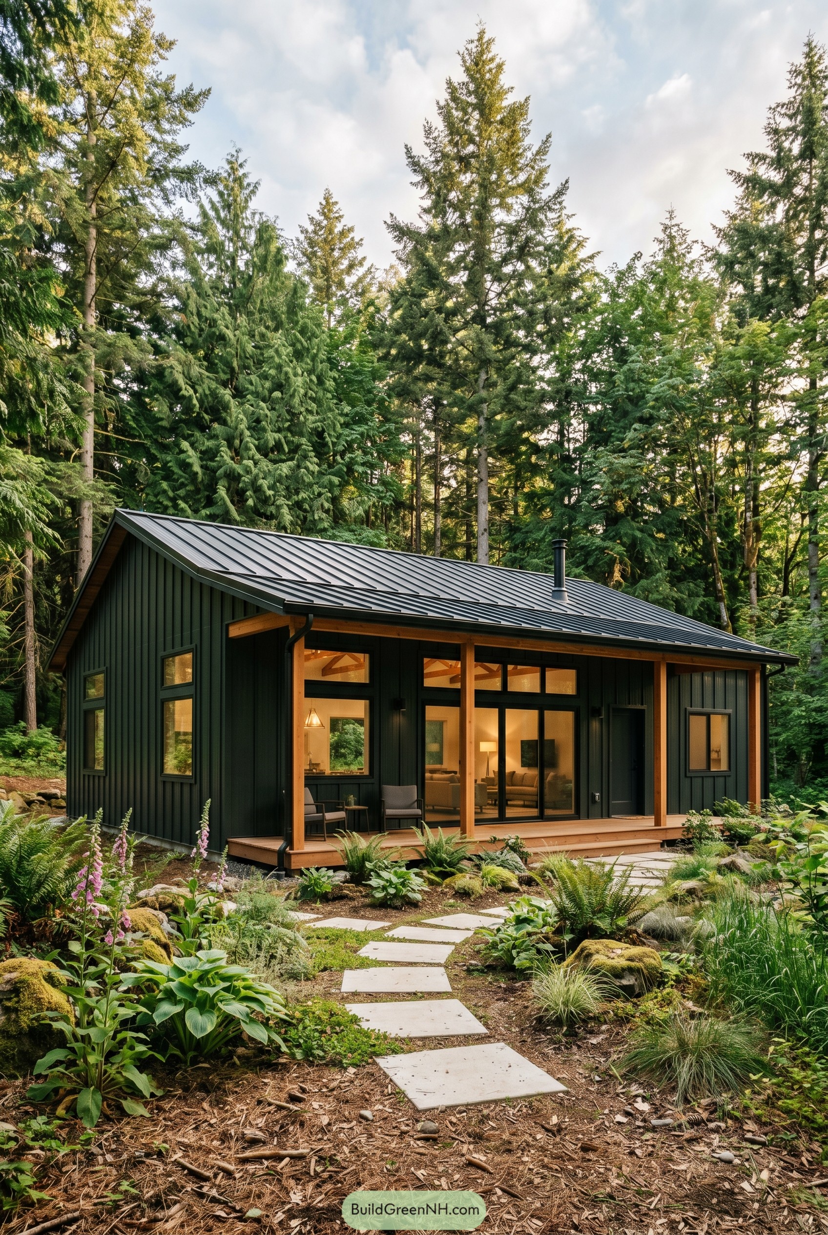 Dark green single story barndominium with wood porch in forest