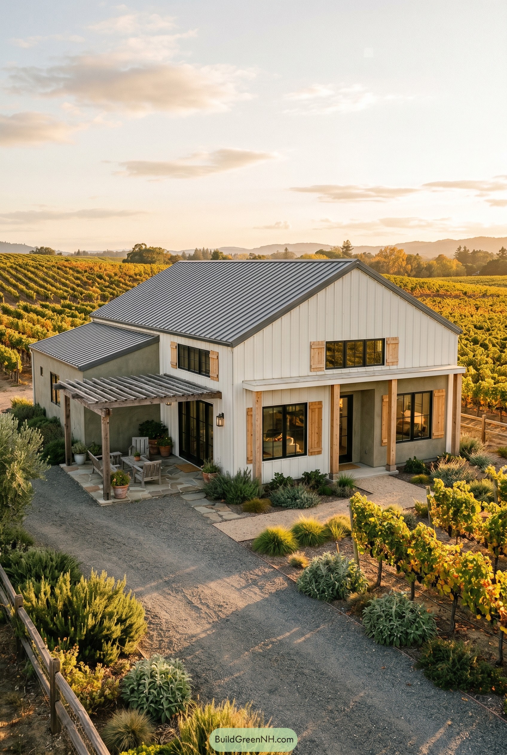 White barndominium beside vineyard rows