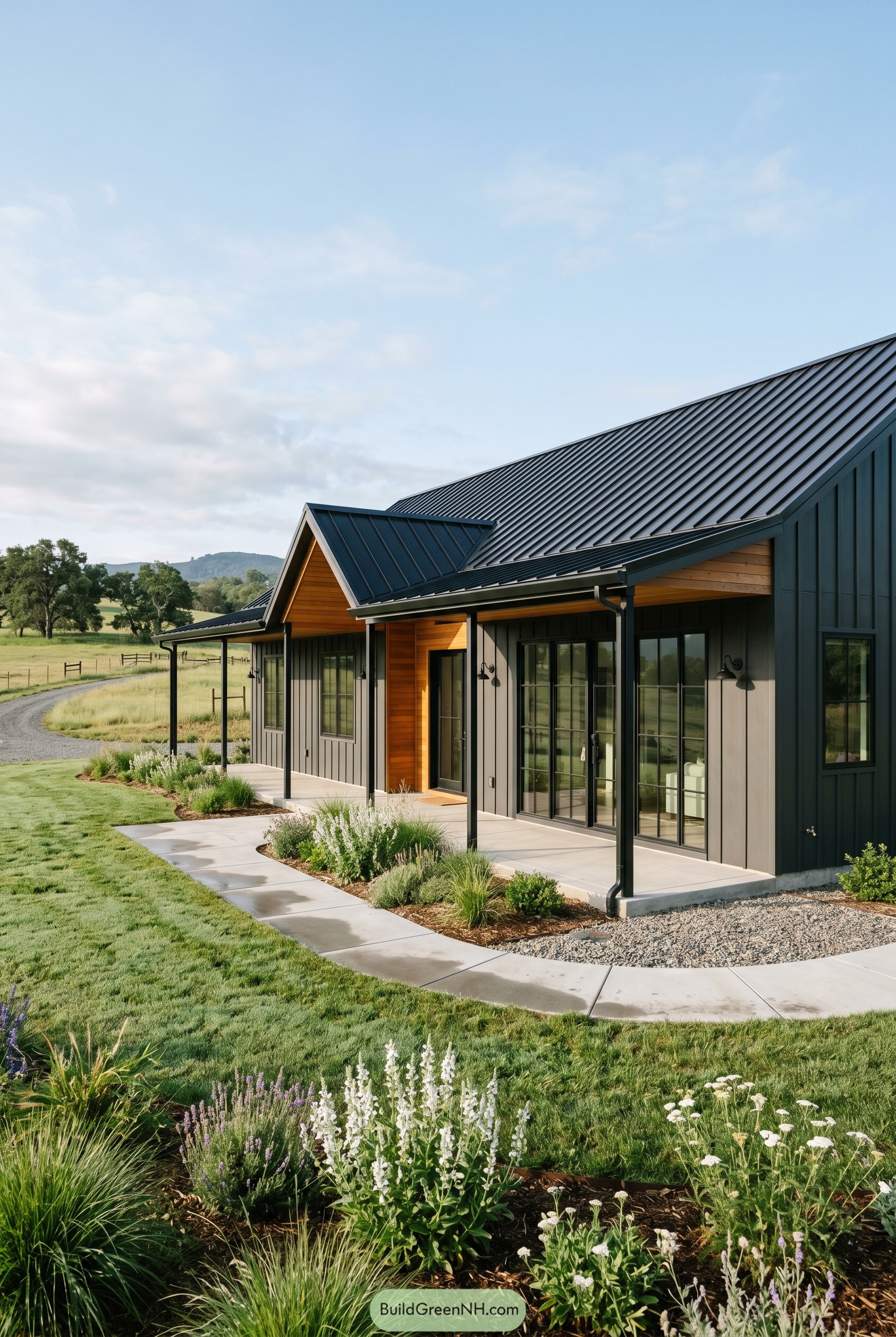Single story black barndominium with covered porch