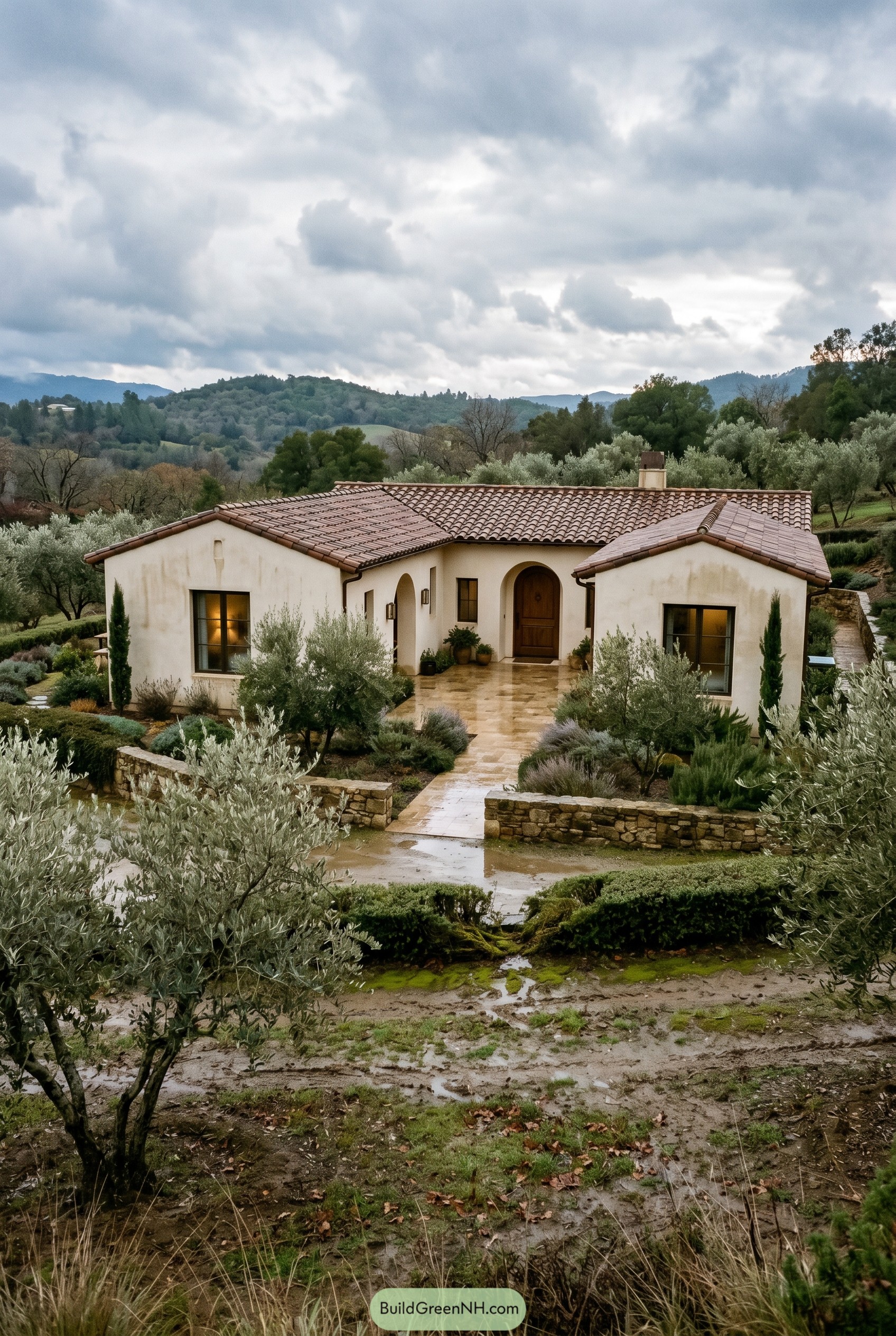 Spanish villa with stucco walls and olive trees