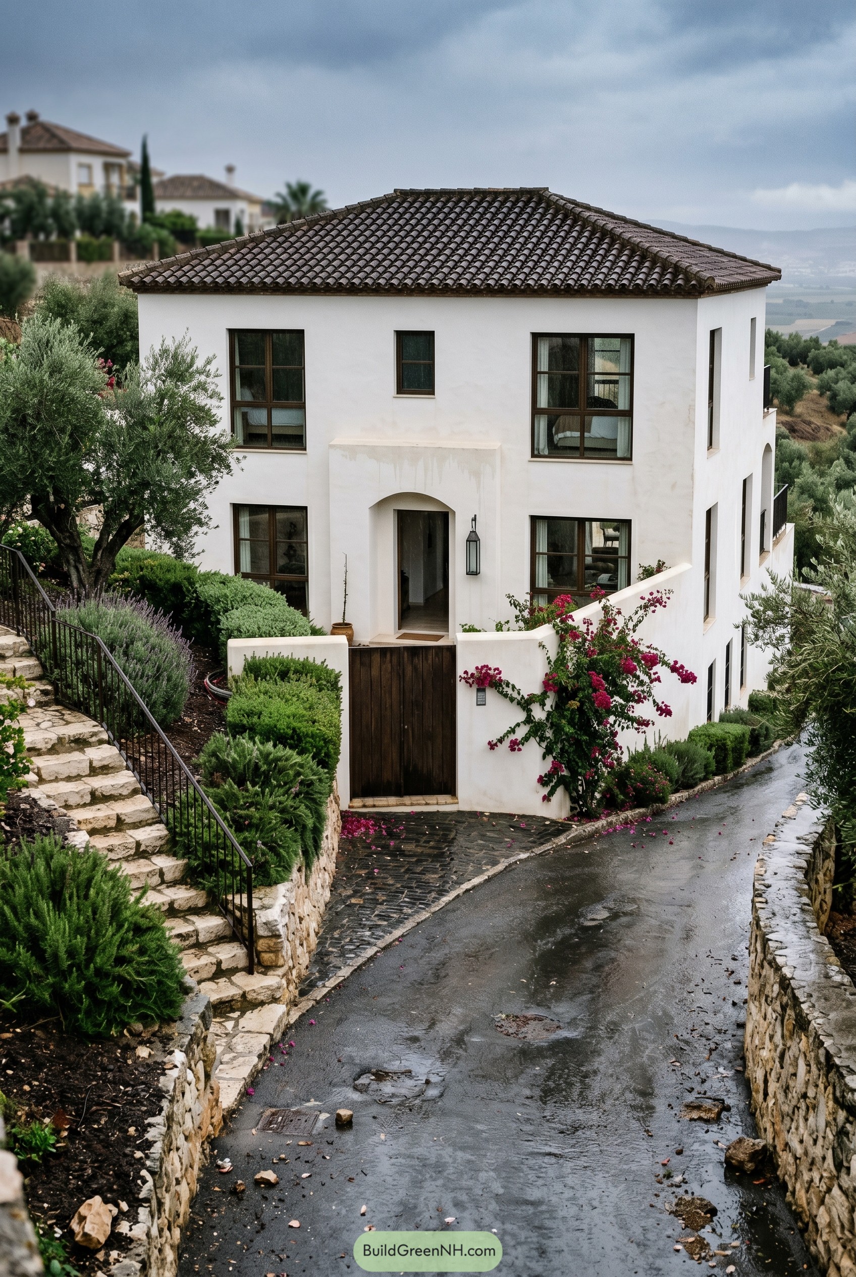 White stucco villa with tile roof and arched entry