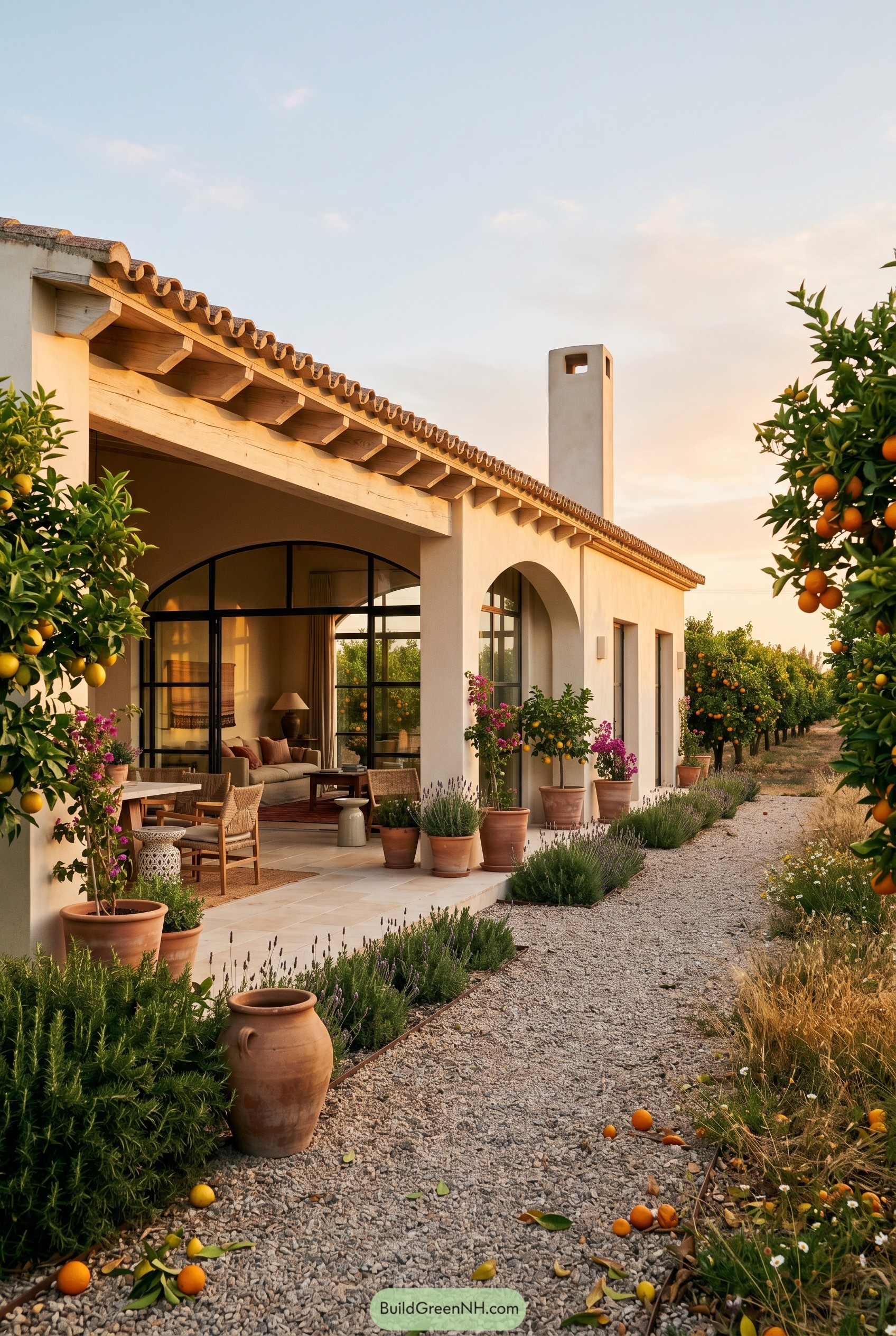 Spanish style villa beside an orange grove