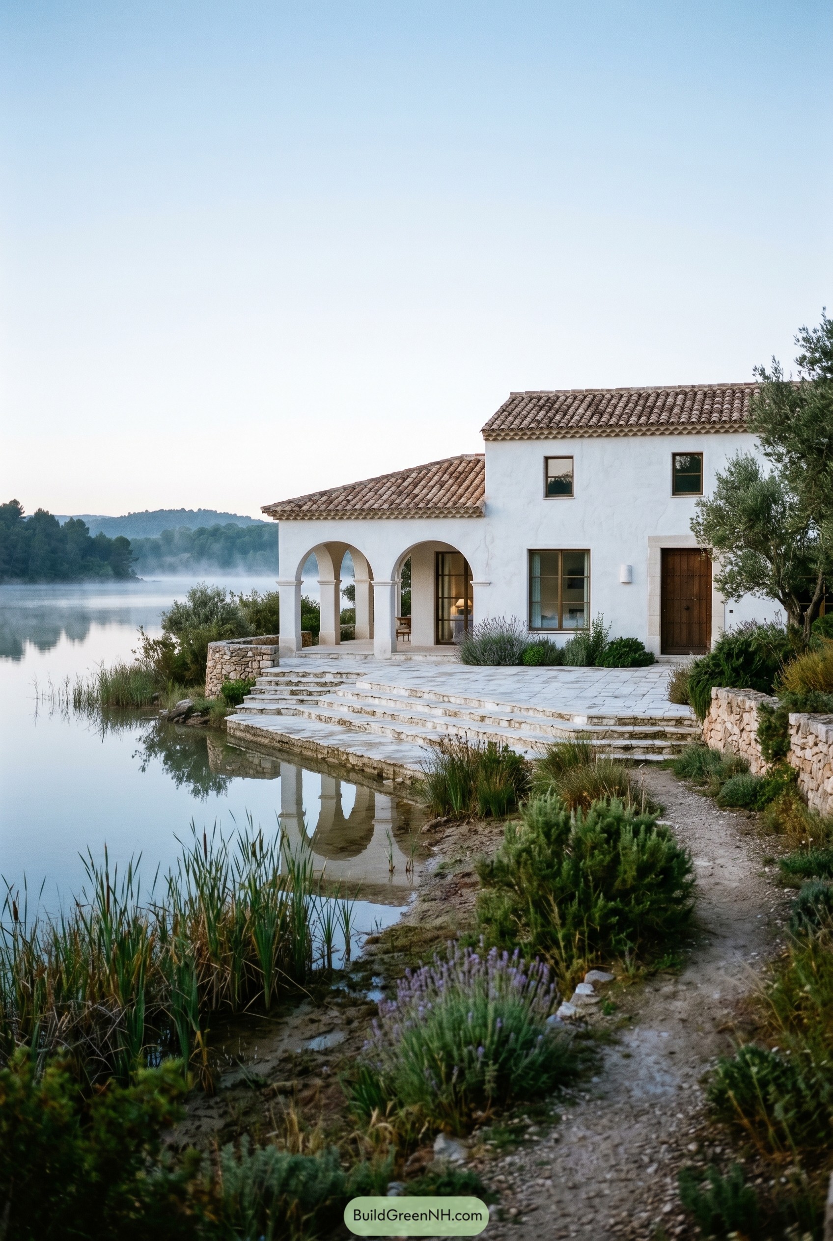 White Spanish villa beside a misty lake