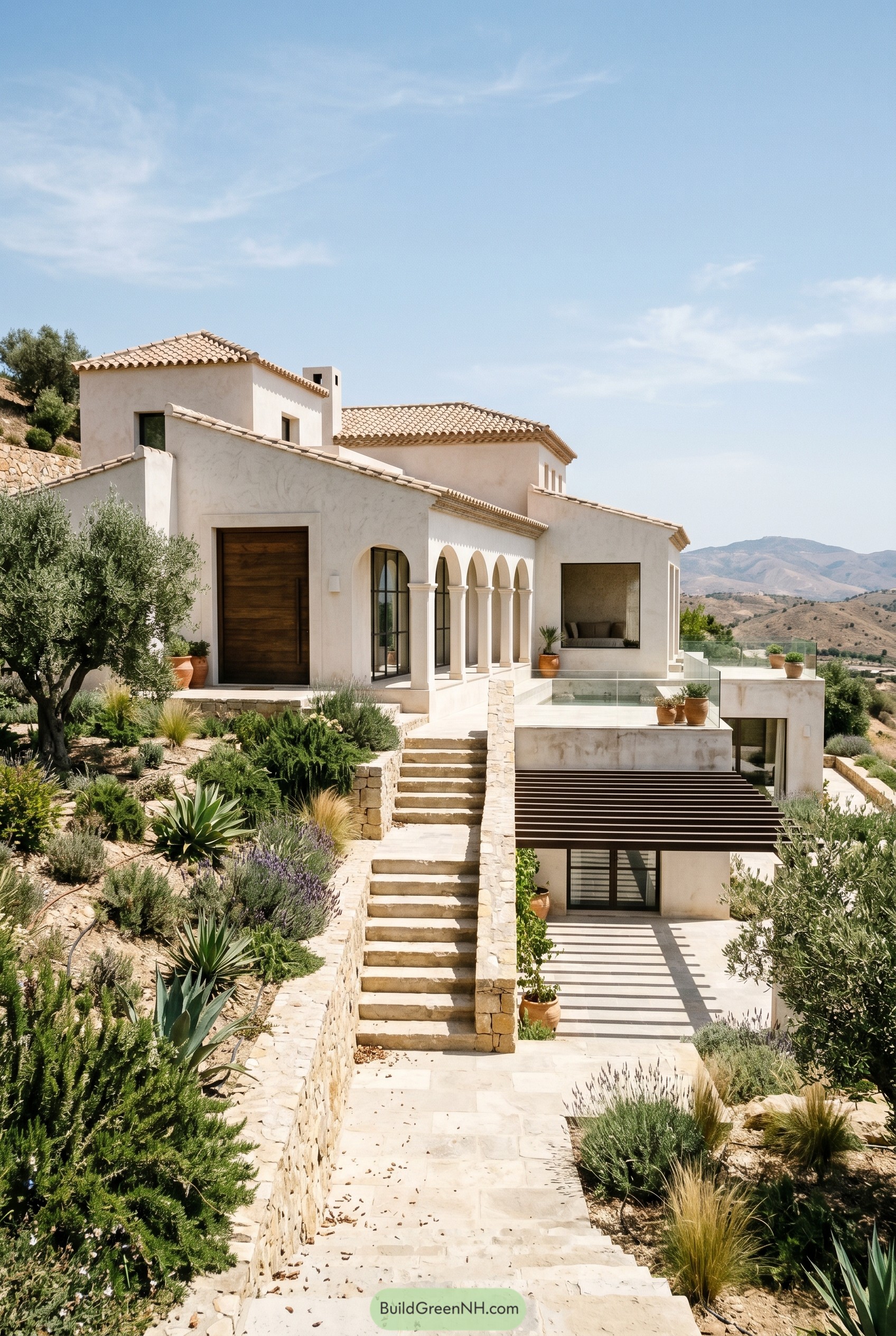 Terraced Spanish villa with arches and stone stairs