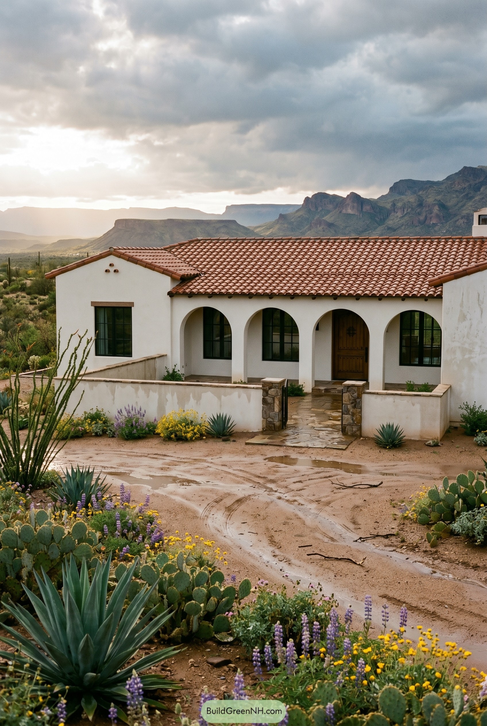 White stucco Spanish villa with arched porch in the desert