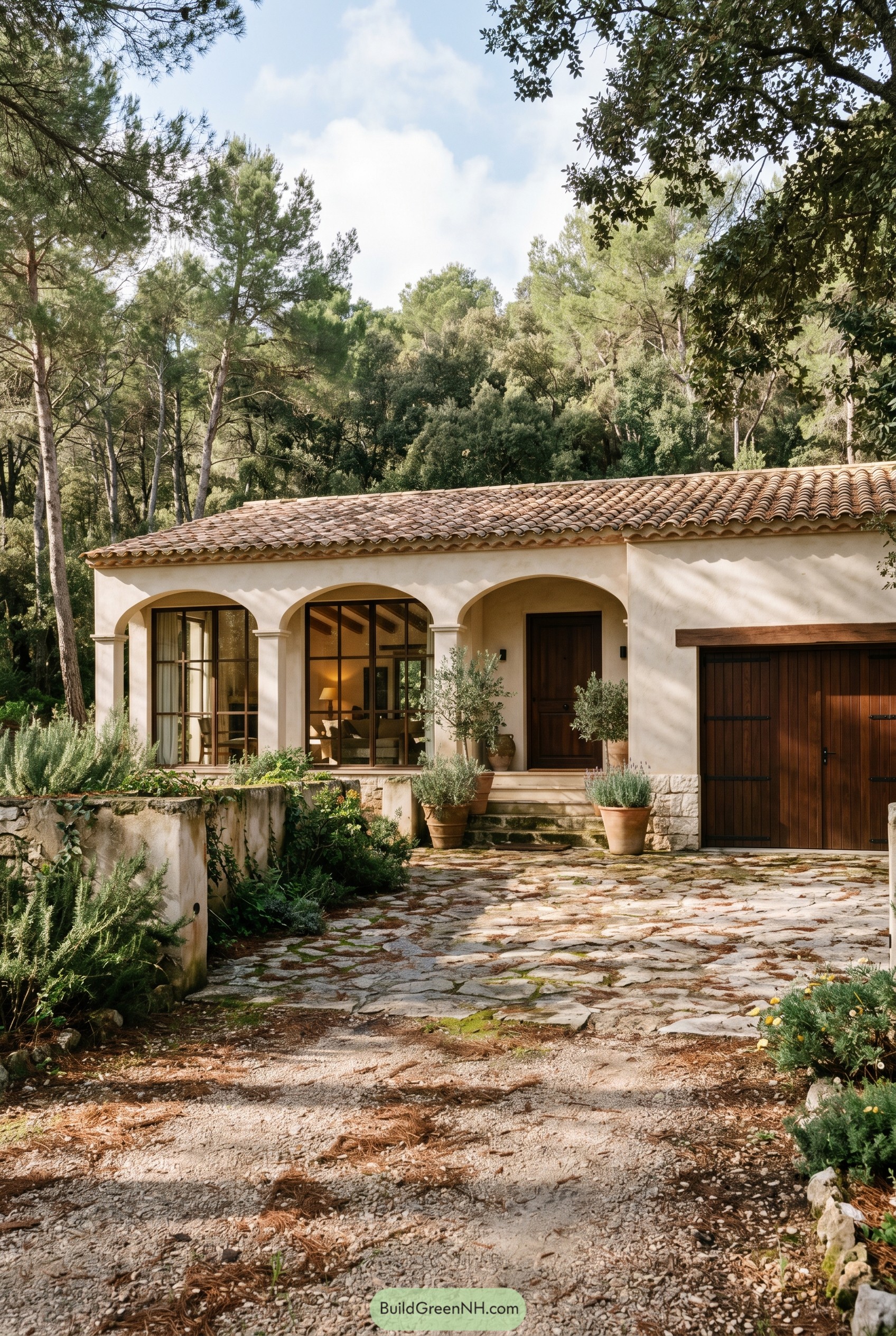 Spanish villa with arched porch among pines