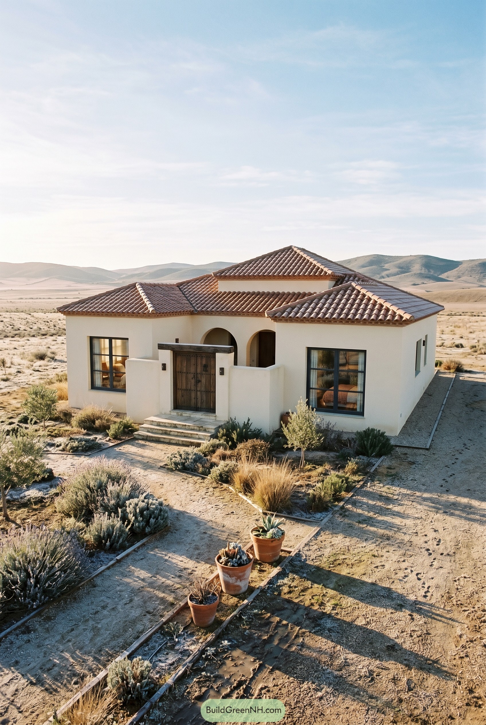 White stucco Spanish villa in desert landscape