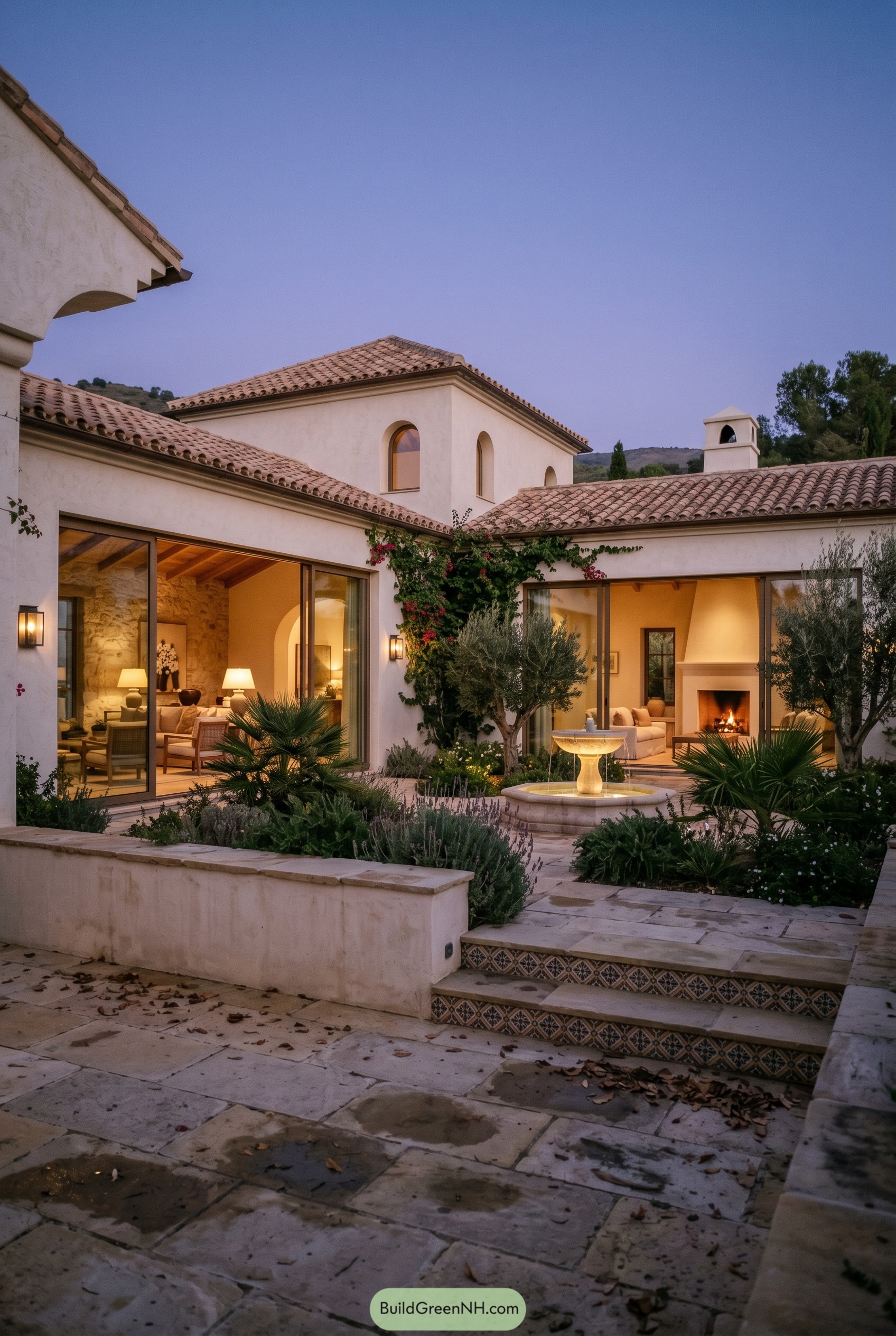 Modern Spanish villa courtyard with fountain at dusk
