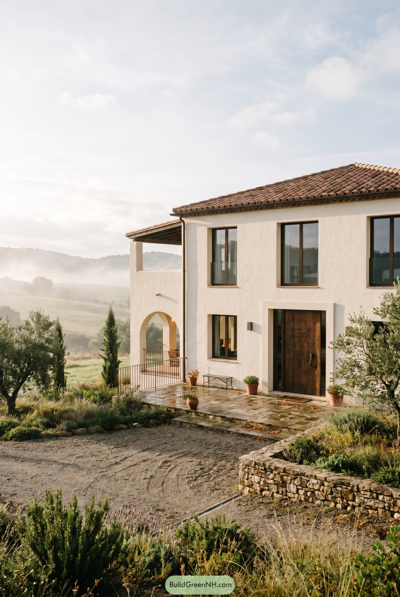 White stucco Spanish villa on a misty hillside