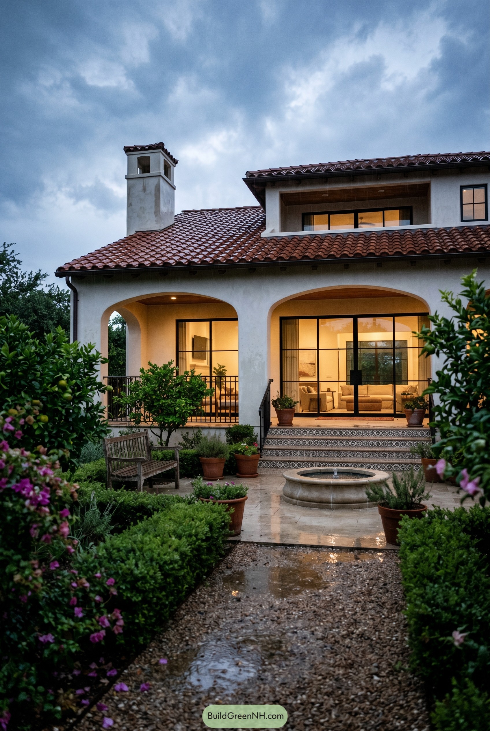 Modern Spanish villa with arched porch and courtyard fountain