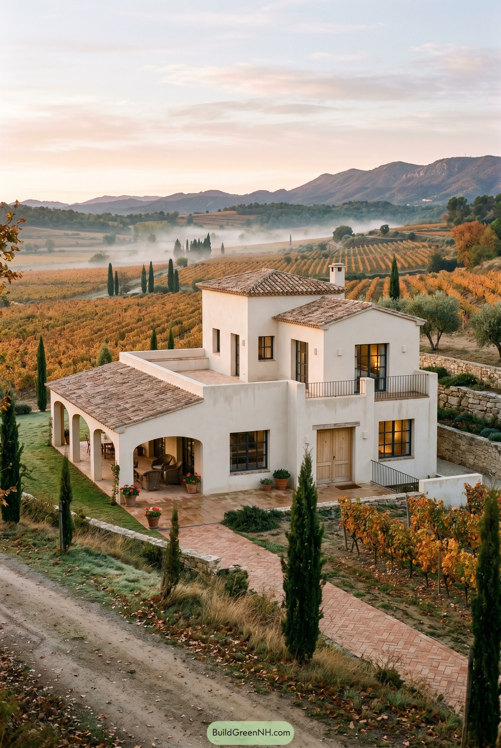 White Spanish villa above misty vineyards