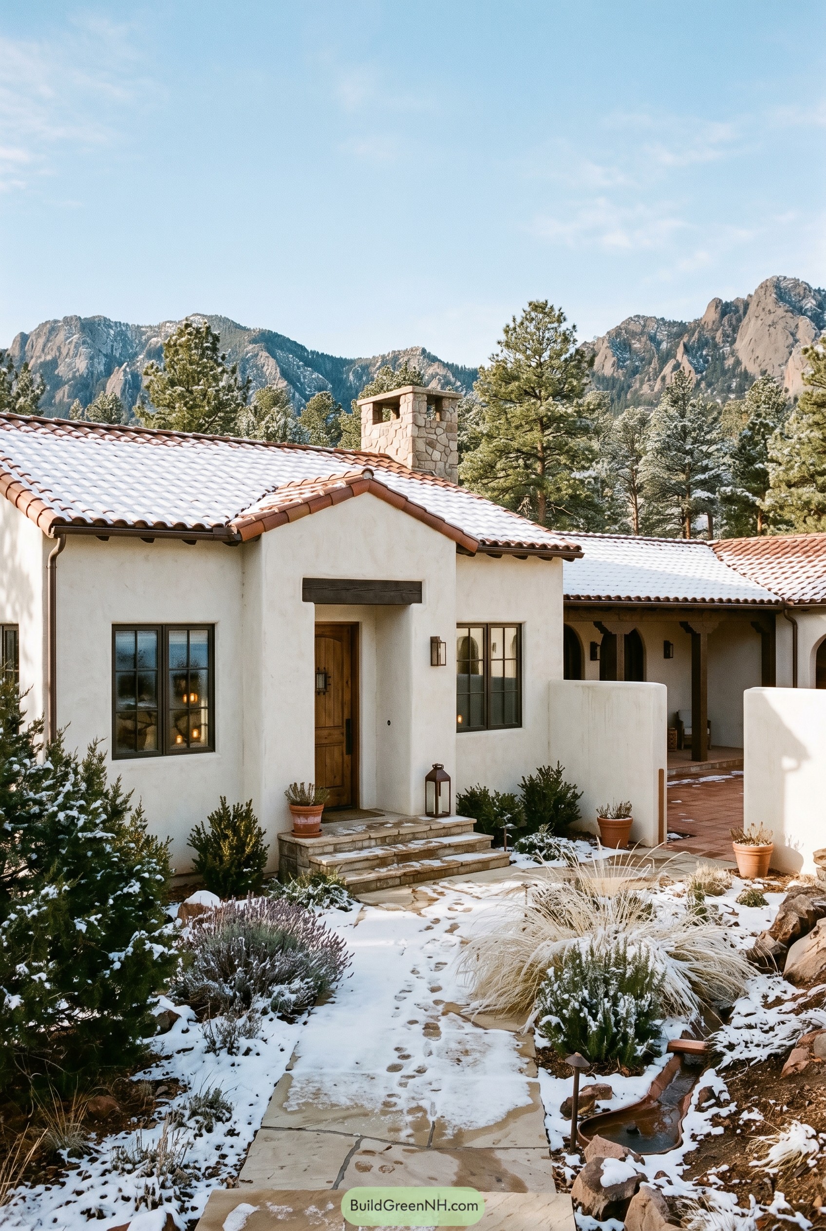 Spanish villa with snowy roof and mountain backdrop