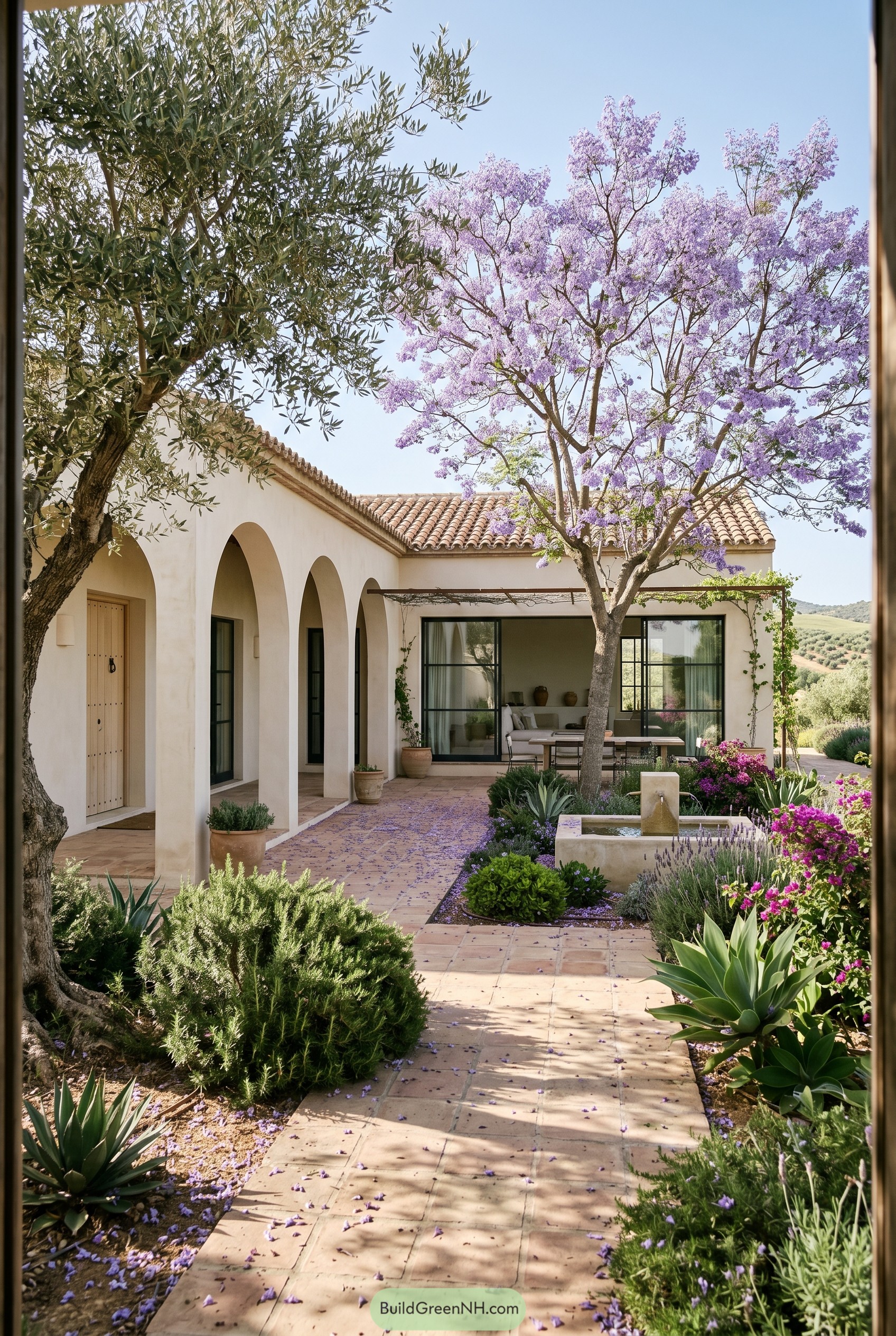 Spanish villa courtyard with arches and jacaranda tree