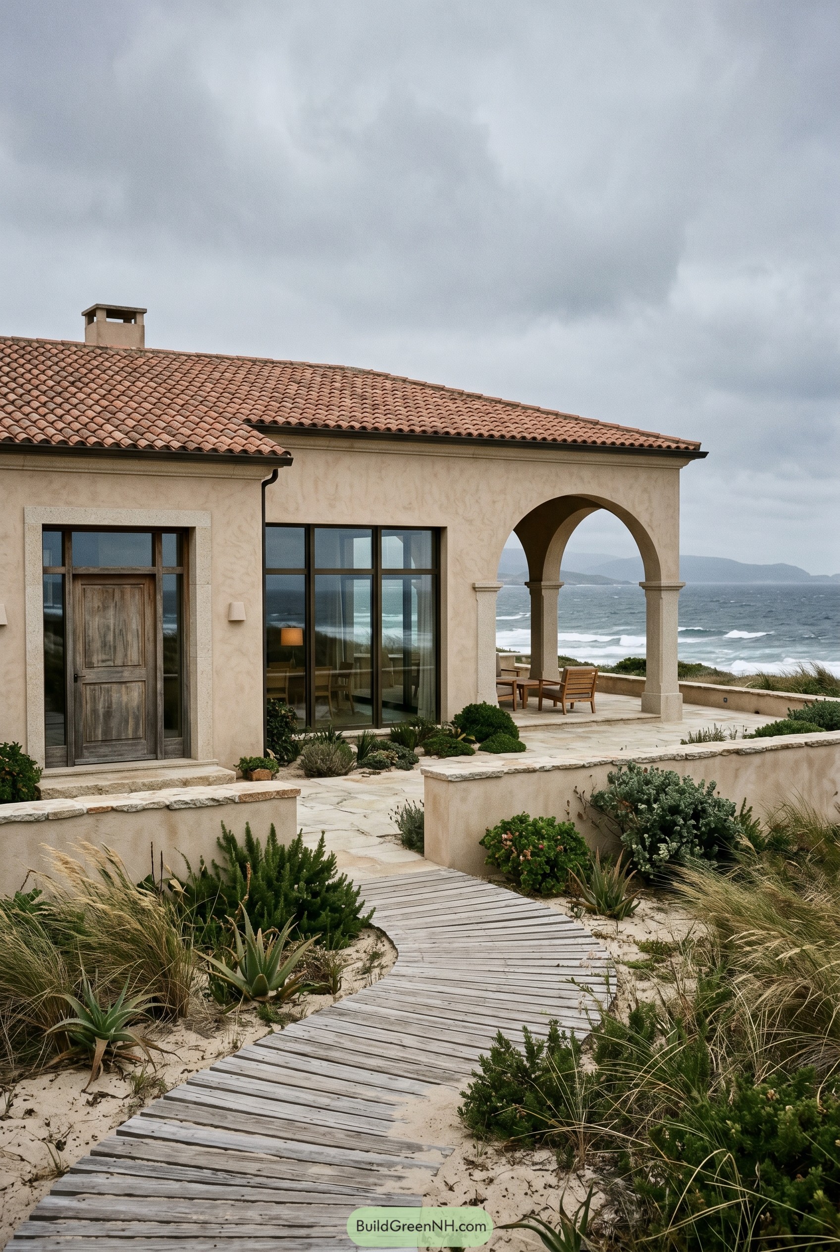 Modern Spanish villa with arched porch by the ocean