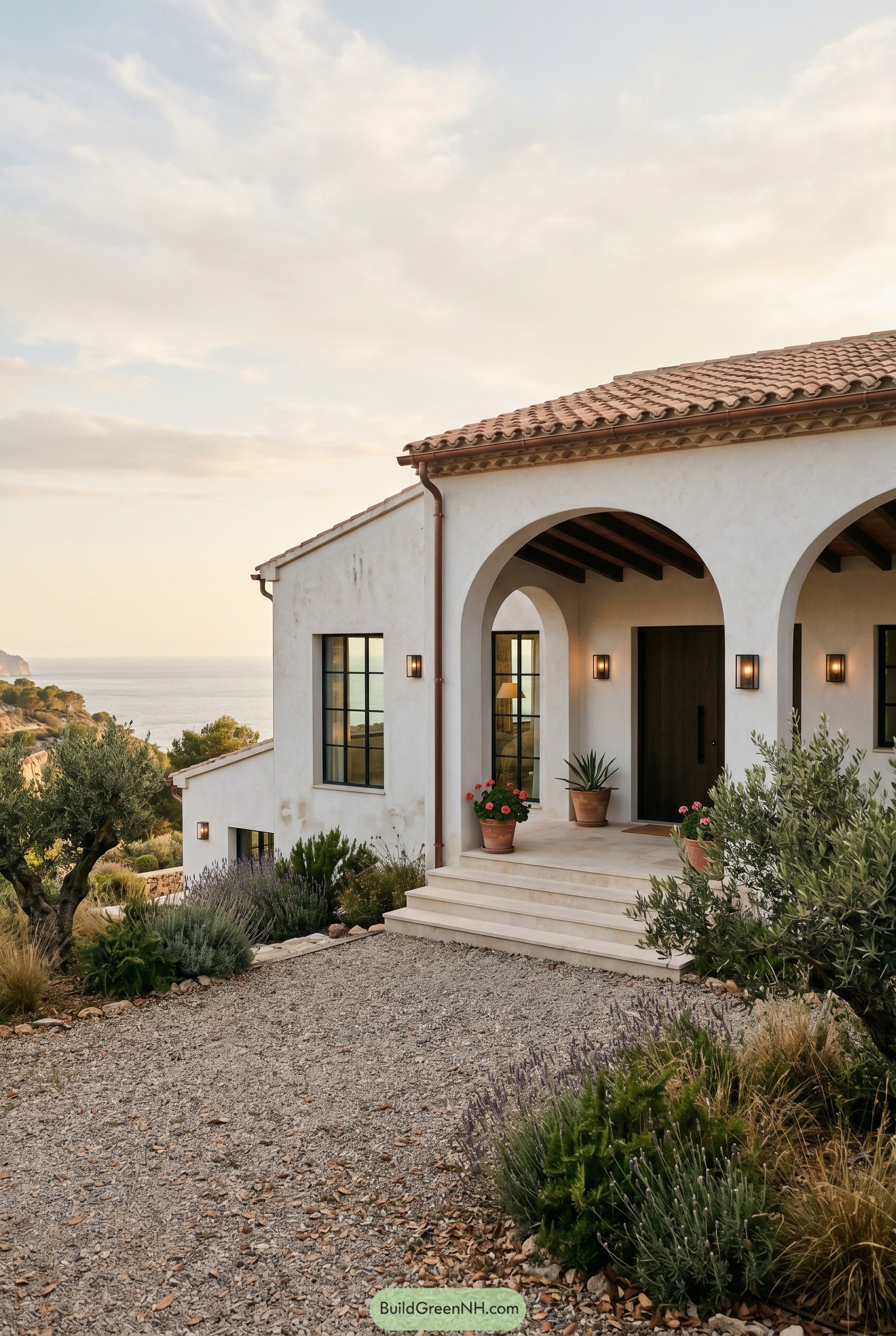 White stucco villa with arched porch and clay tile roof
