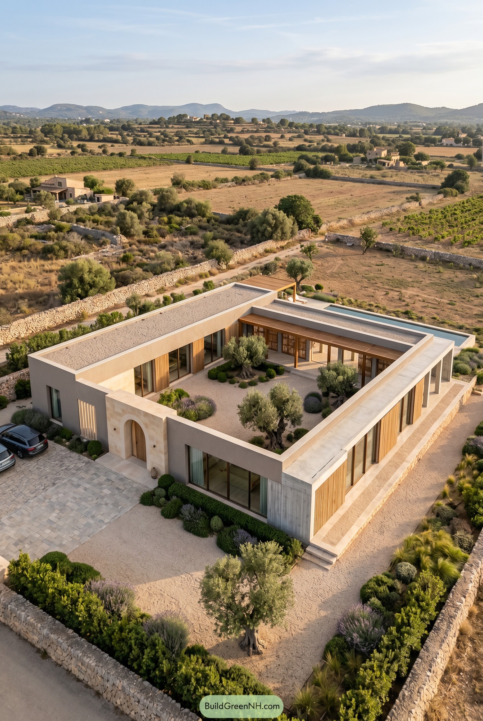 Modern one story villa with central courtyard in open countryside