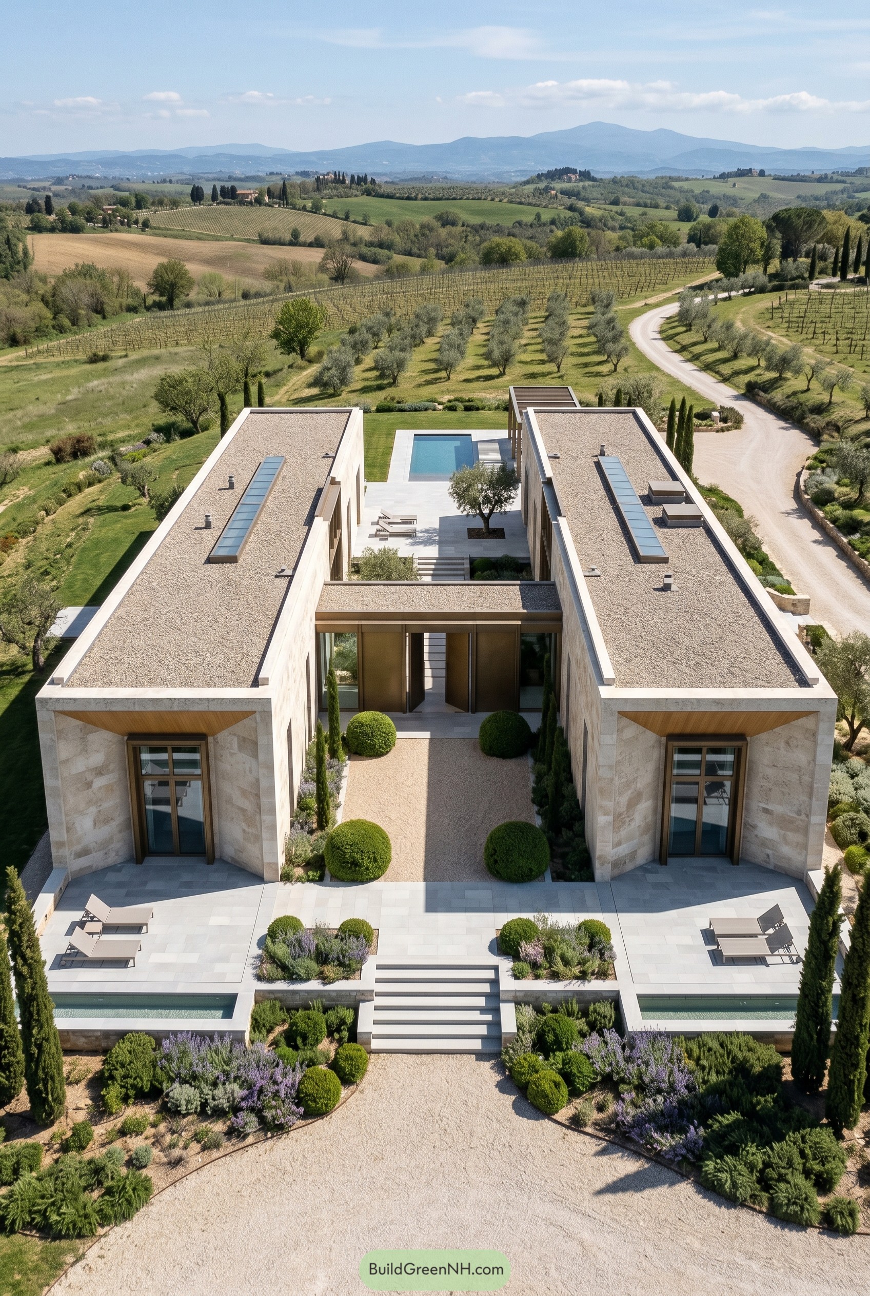 Symmetrical stone villa with central courtyard pool