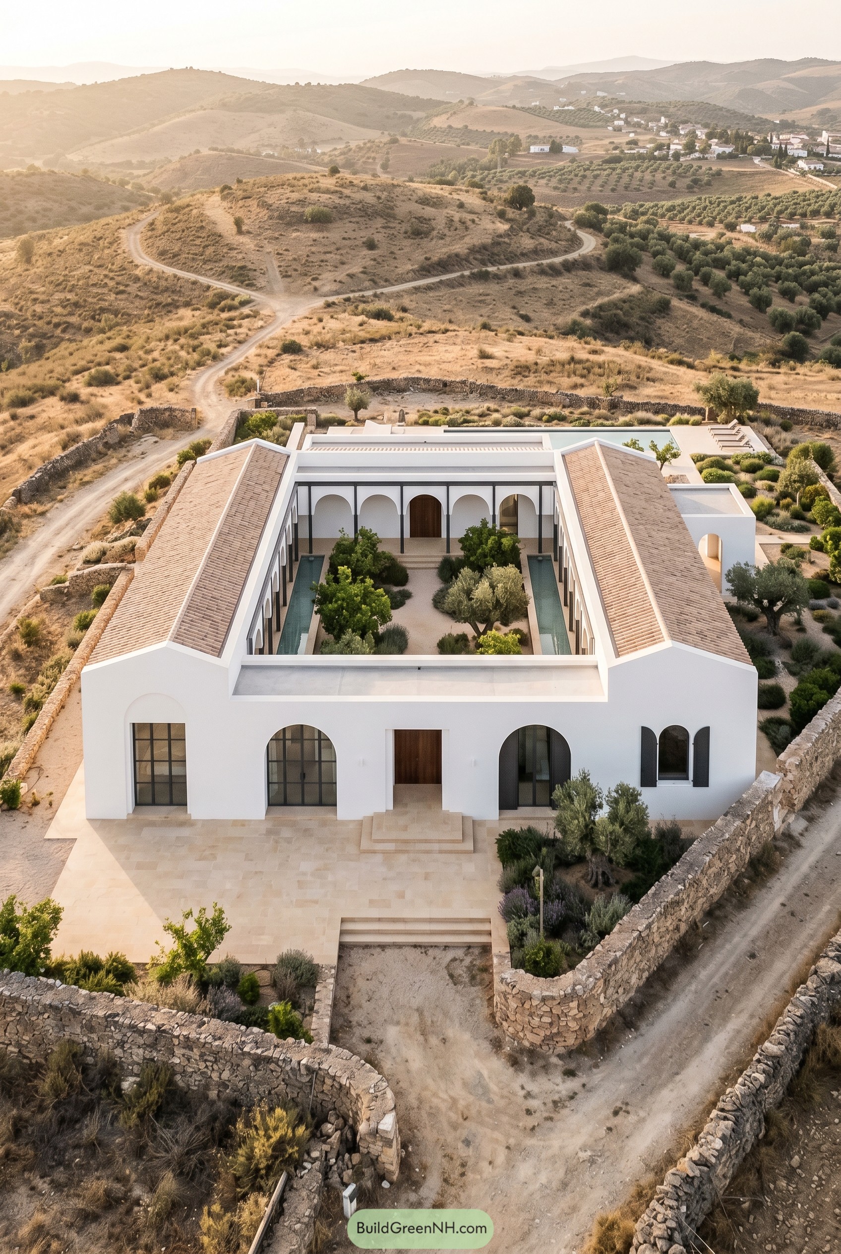 White courtyard villa on a dry hillside