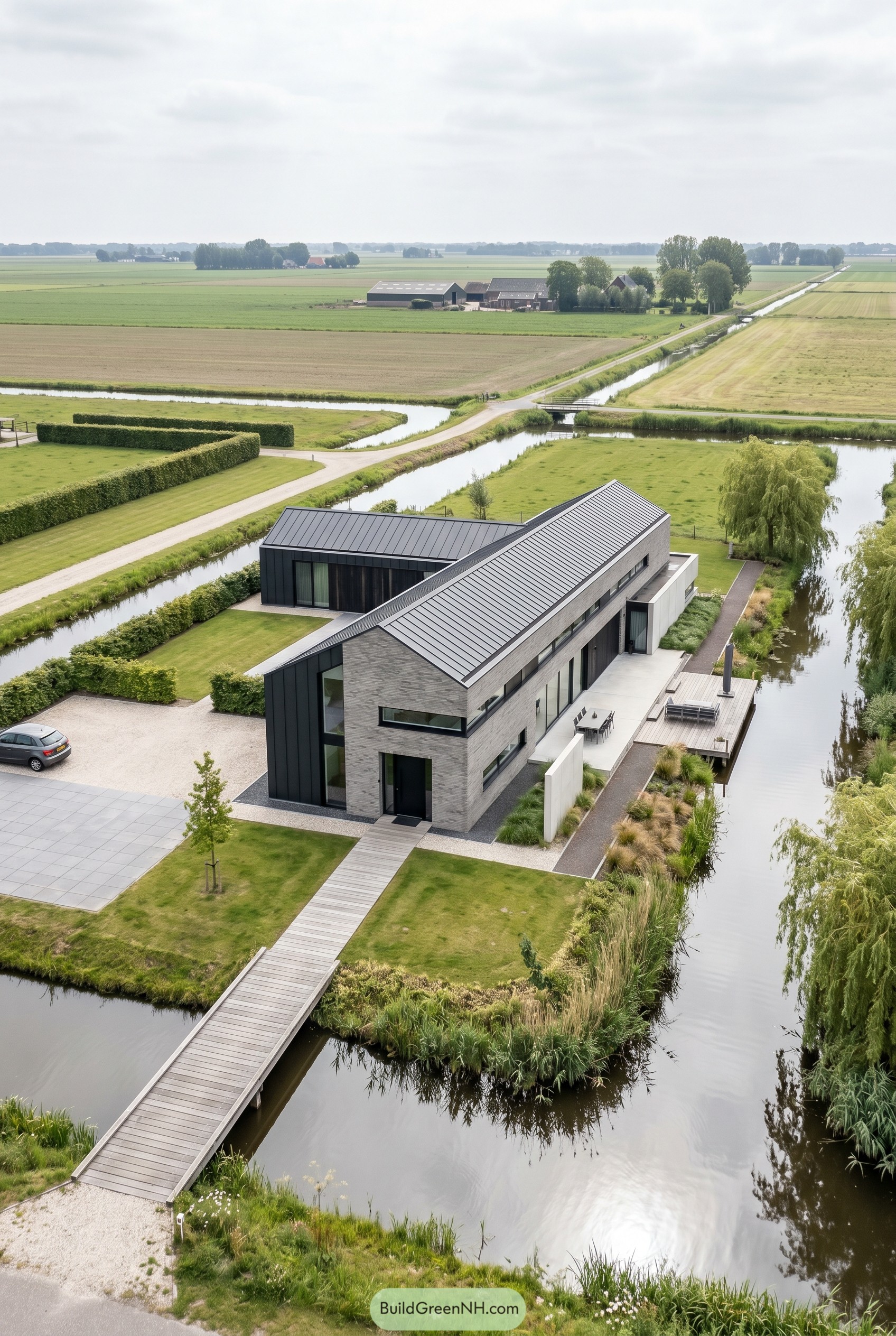 Modern canal-side brick villa with dock