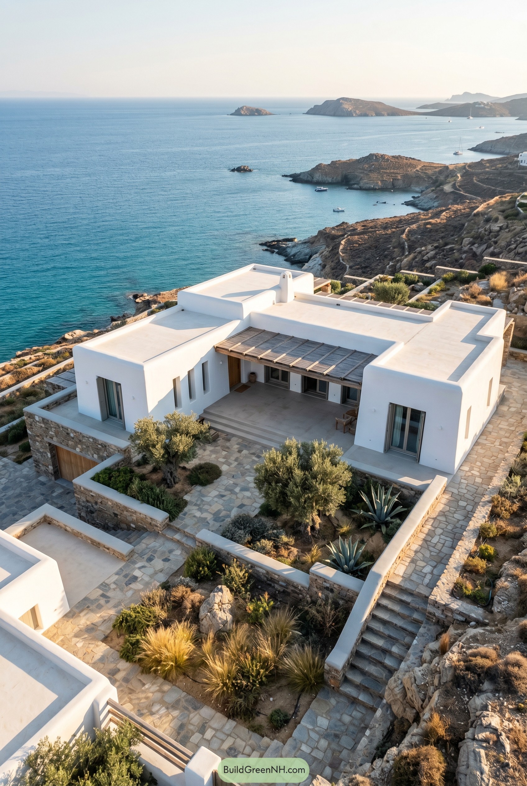 White villa with stone terraces above the sea